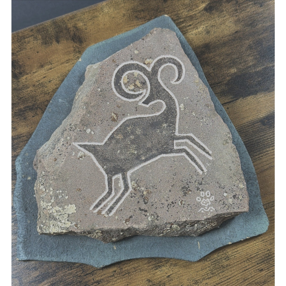 Vtg Pete Cattermole Studio Bighorn Sheep Ram Petroglyph Stone Handmade Plaque