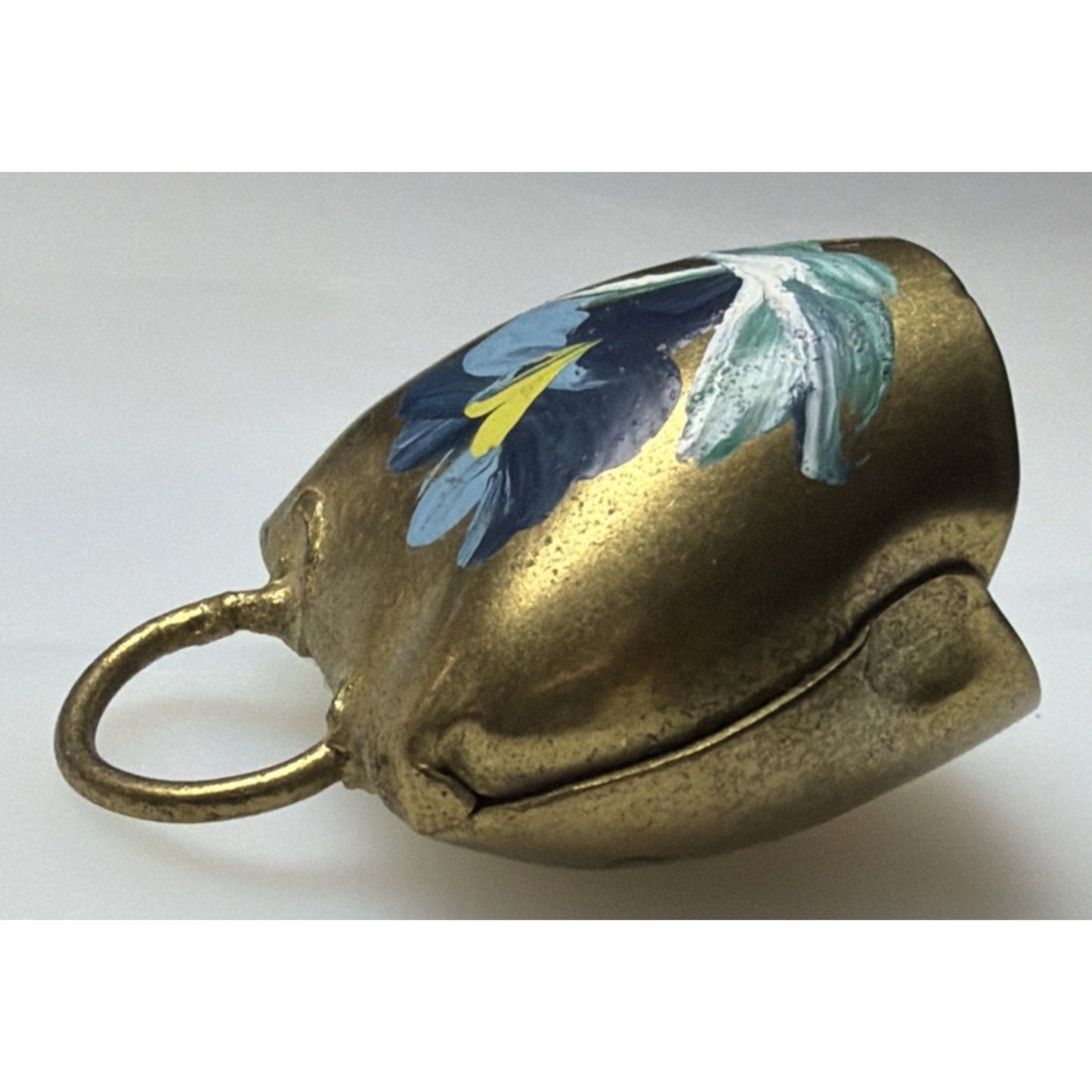 Vintage Gold Metal Brass Cow Bell Hand Painted Flower Blue Floral Liechtenstein
