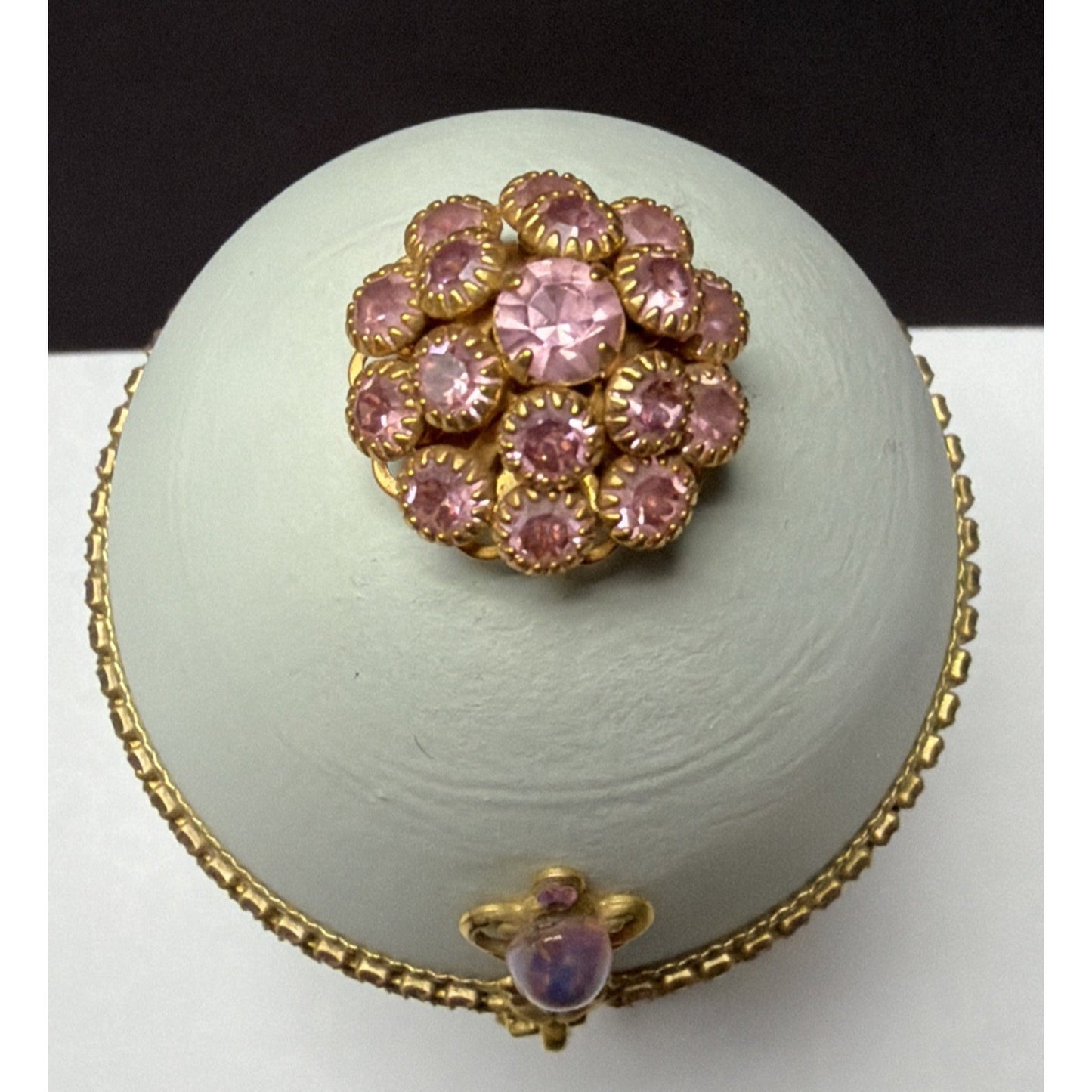 Vtg Pink Faceted Rhinestone Opal Gold Hand Decorated Goose Egg Hinged Footed Box