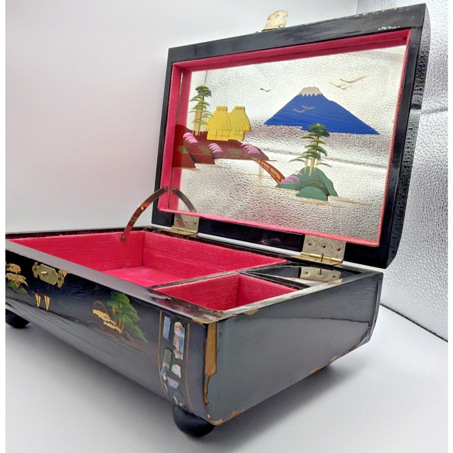 Vintage Japanese Lacquer Jewelry Music Box Lined Hand Painted Mt Fuji Works