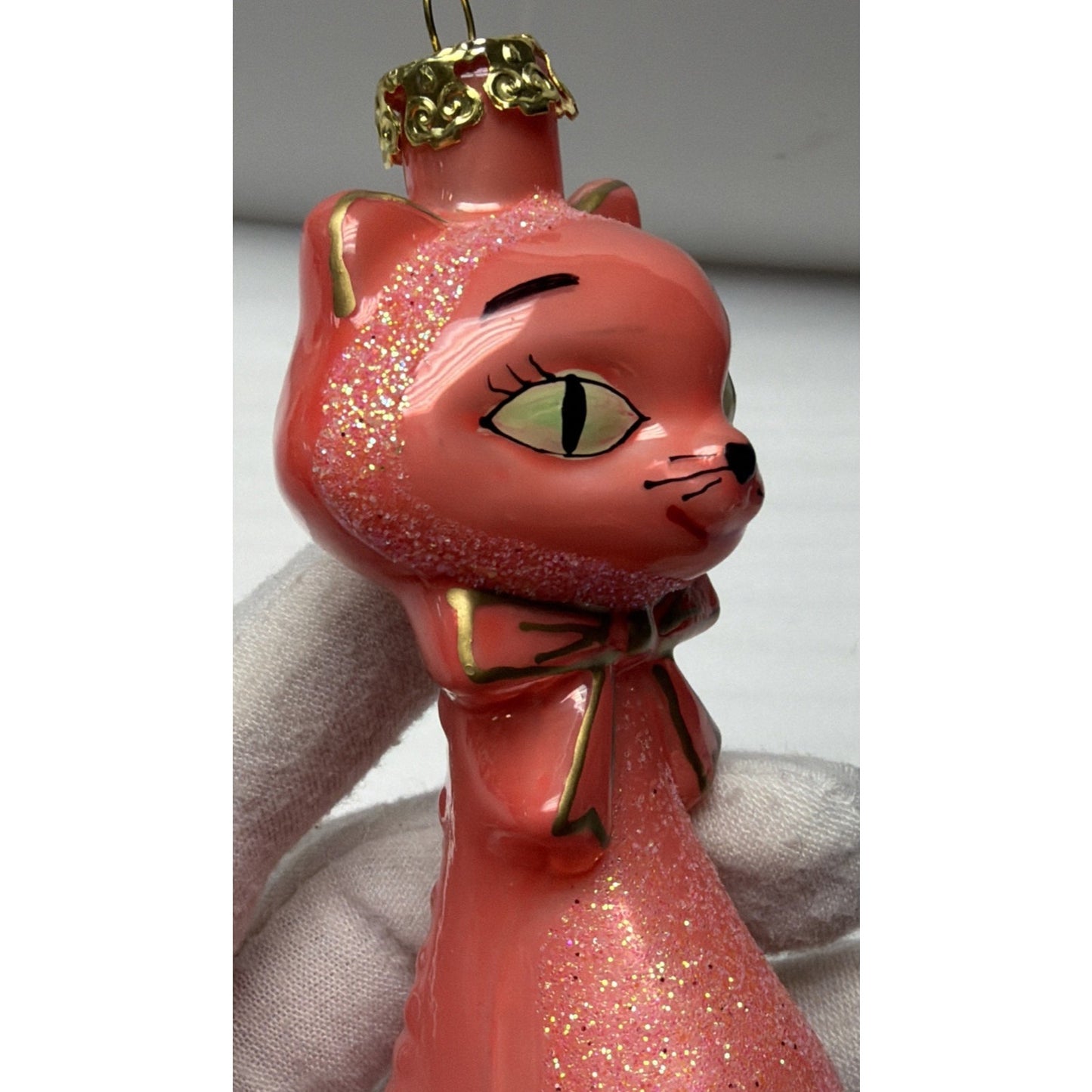 MCM Cody Foster Kitschy Kitten Glass Cat Ornament Coral Glitter