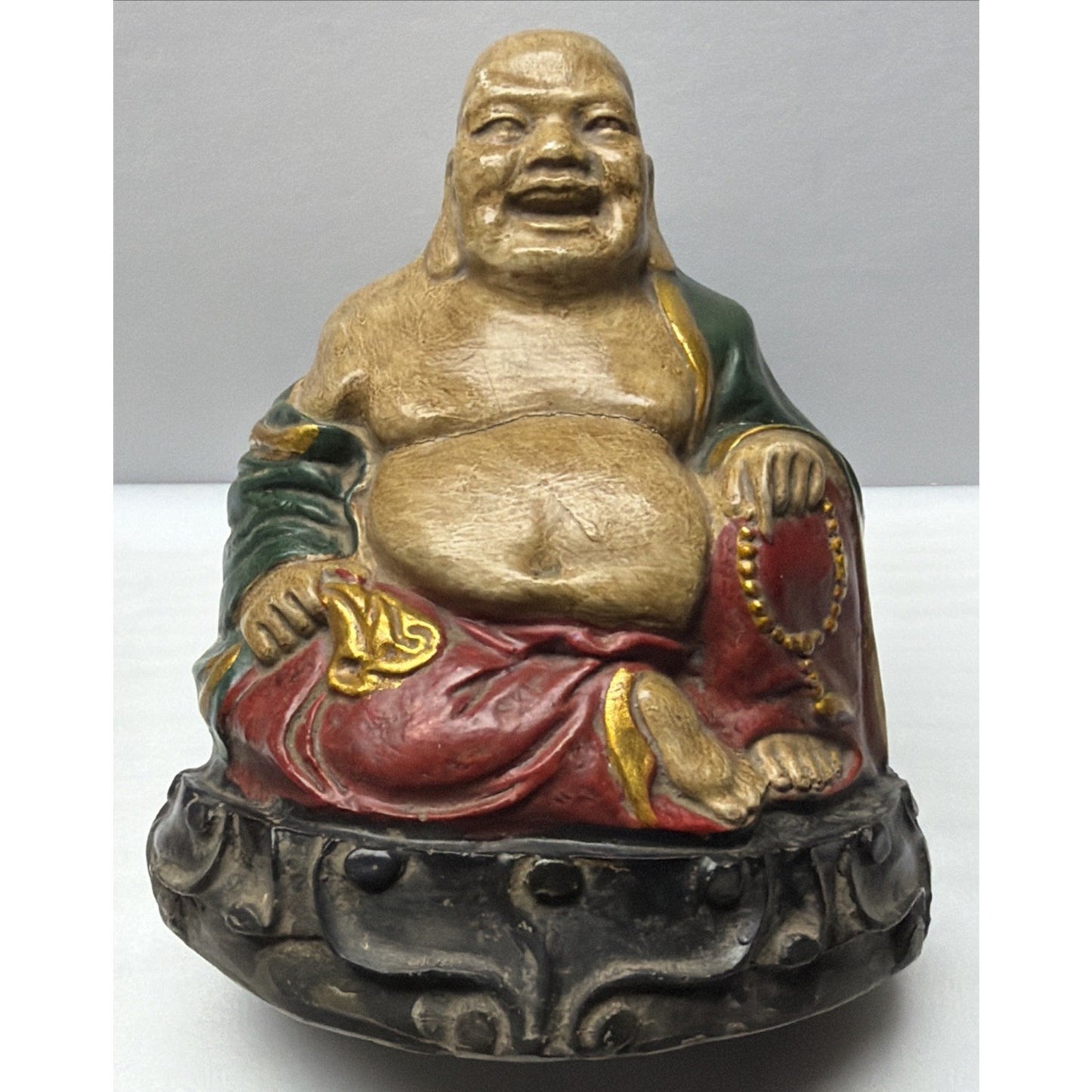 Vintage Ceramic Happy Laughing Fat Buddha Hand Painted Beads Base As Is