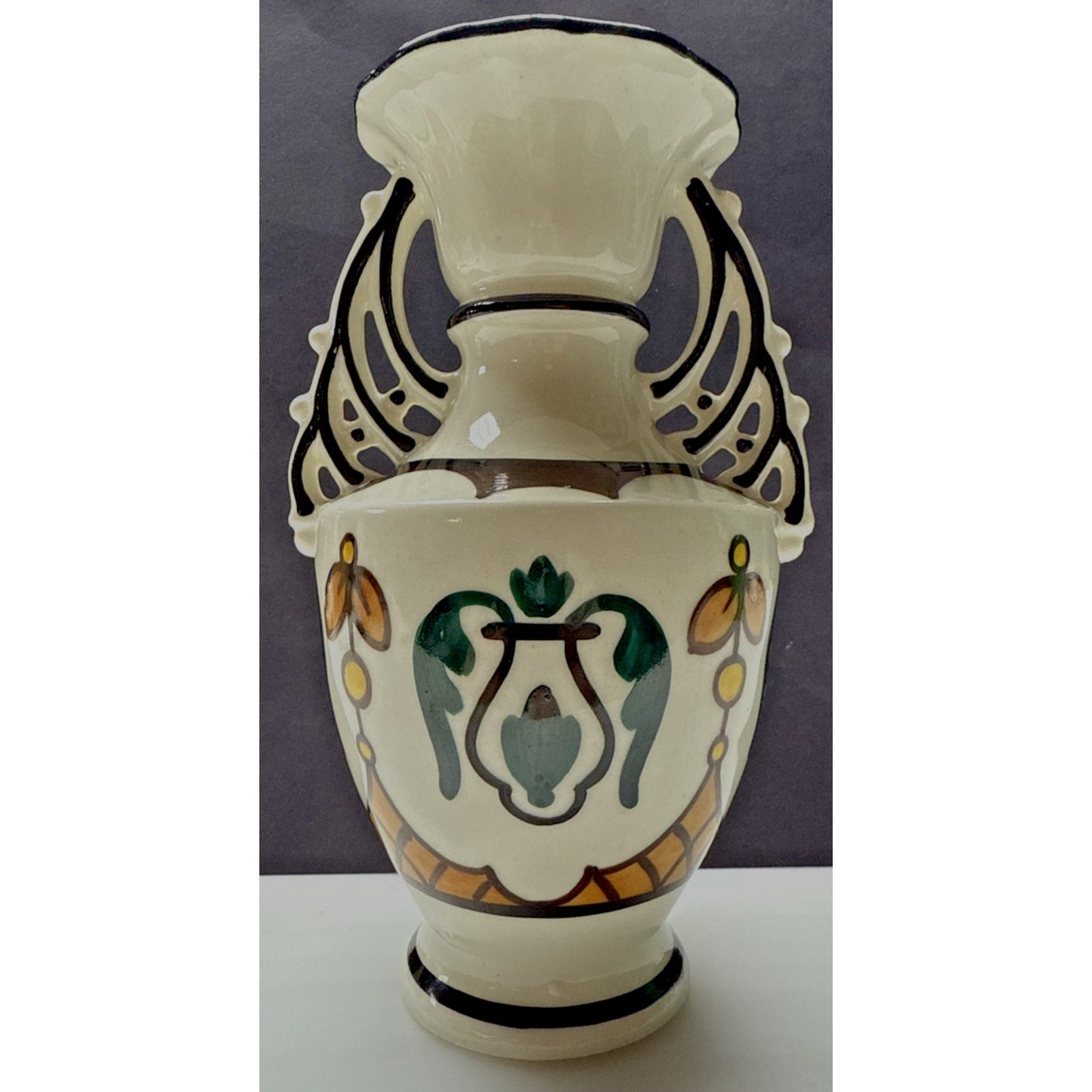 Art Deco Czech Art Pottery Bohemian Double Handle Vase Hand Painted