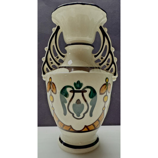 Art Deco Czech Art Pottery Bohemian Double Handle Vase Hand Painted