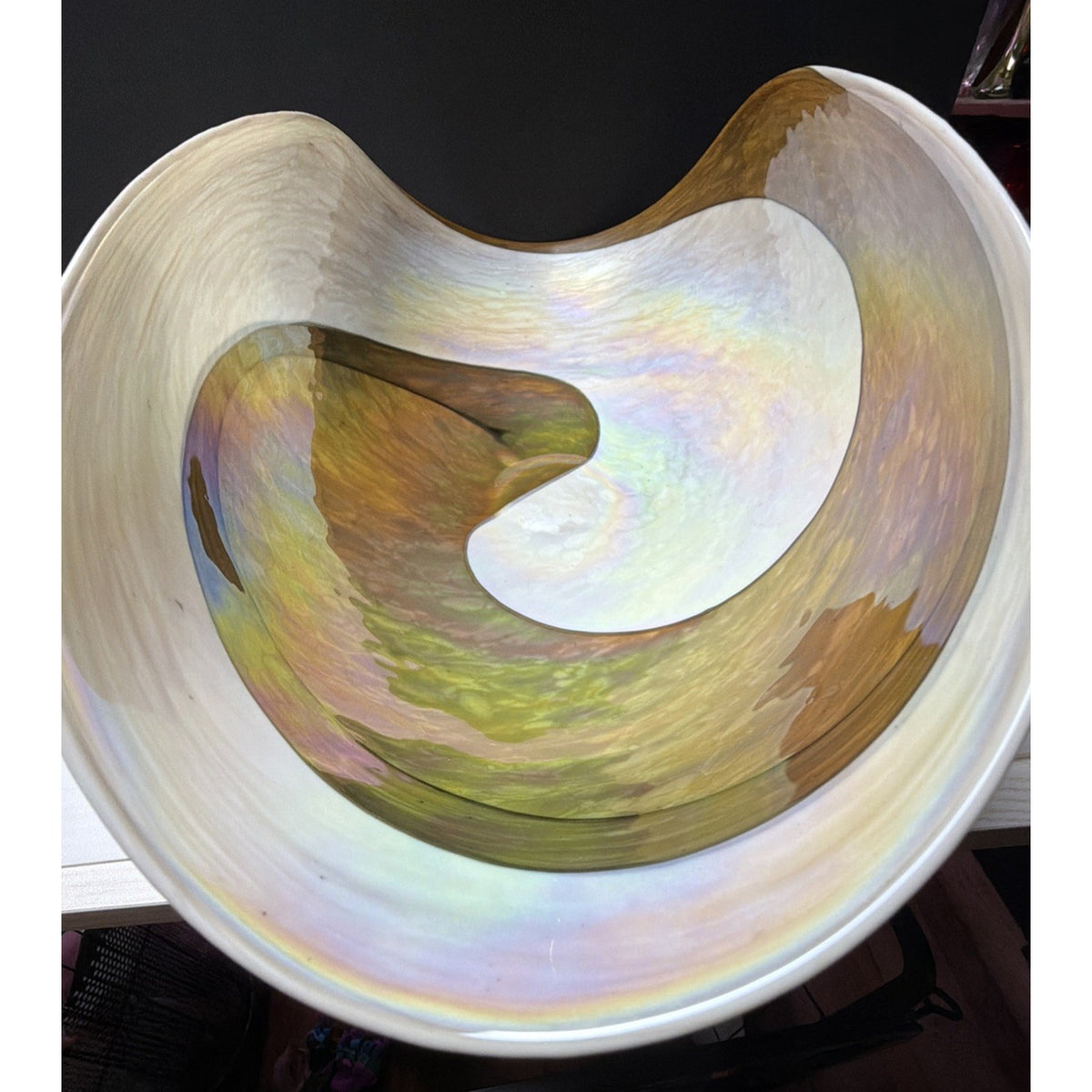 Yalo Murano Vetro Art Glass Bowl Folded Iridescent Ivory Gold Swirl 21"