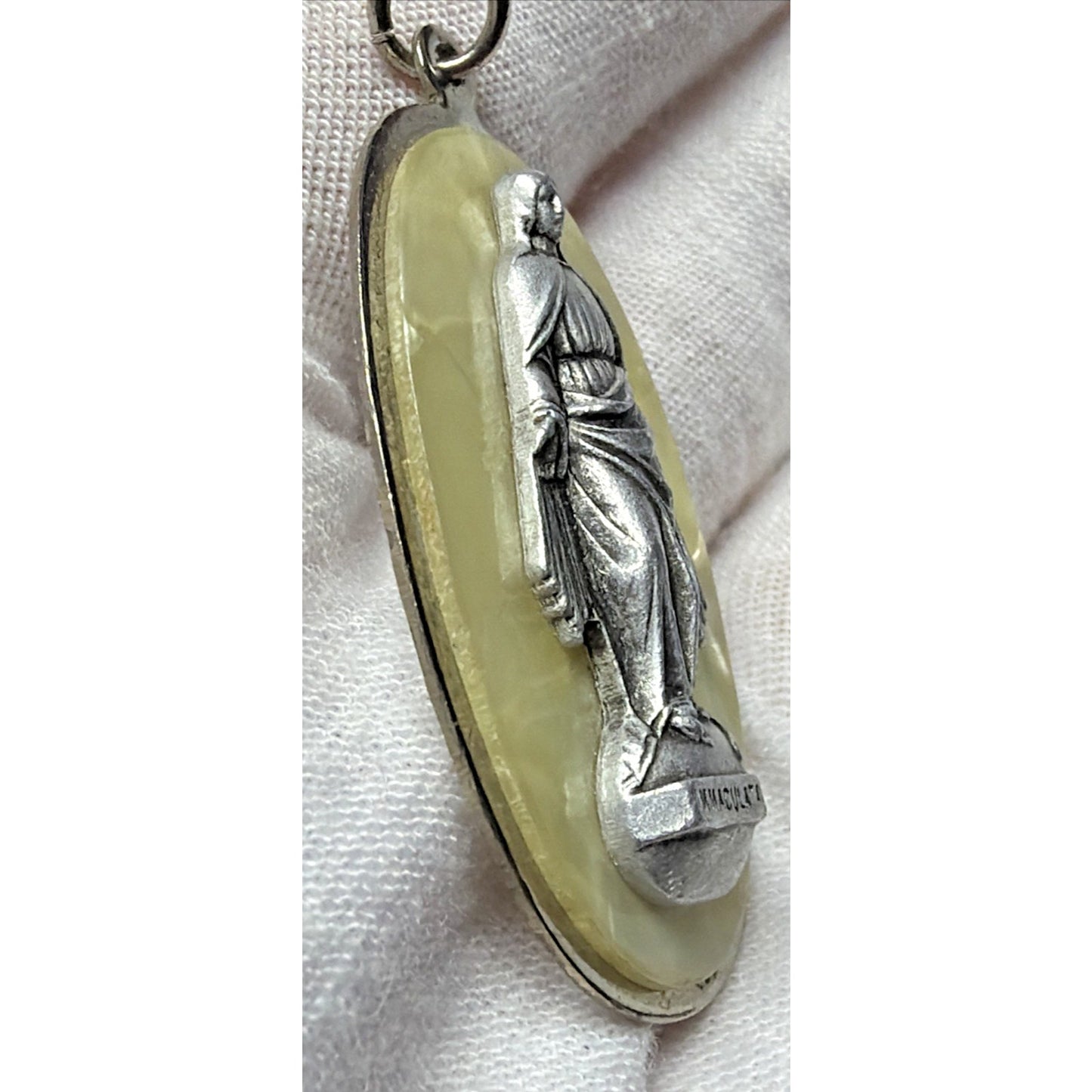 Immaculata Virgin Mary Saint Pendant Silver Metal Faux Mother Pearl Celluloid