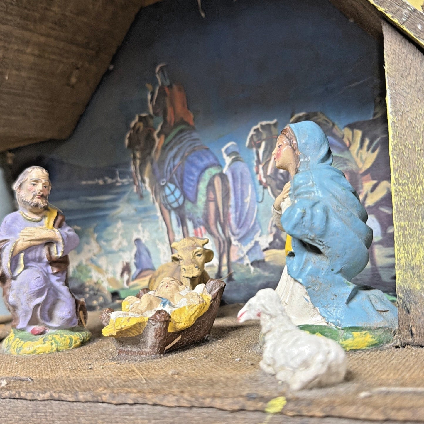 Vintage Stable Nativity Wooden Creche Italy 6 Pc Hand Painted As Is