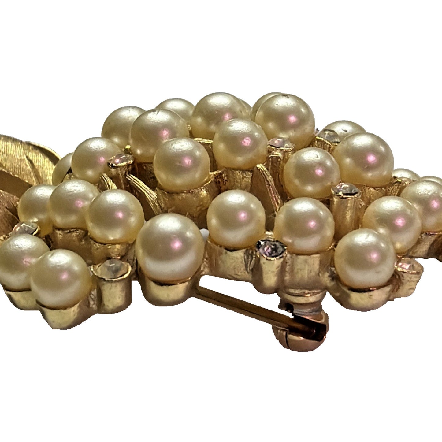 Vintage Crown Trifari Faux Pearl Rhinestone Grape Cluster Brooch Pin Gold Tone
