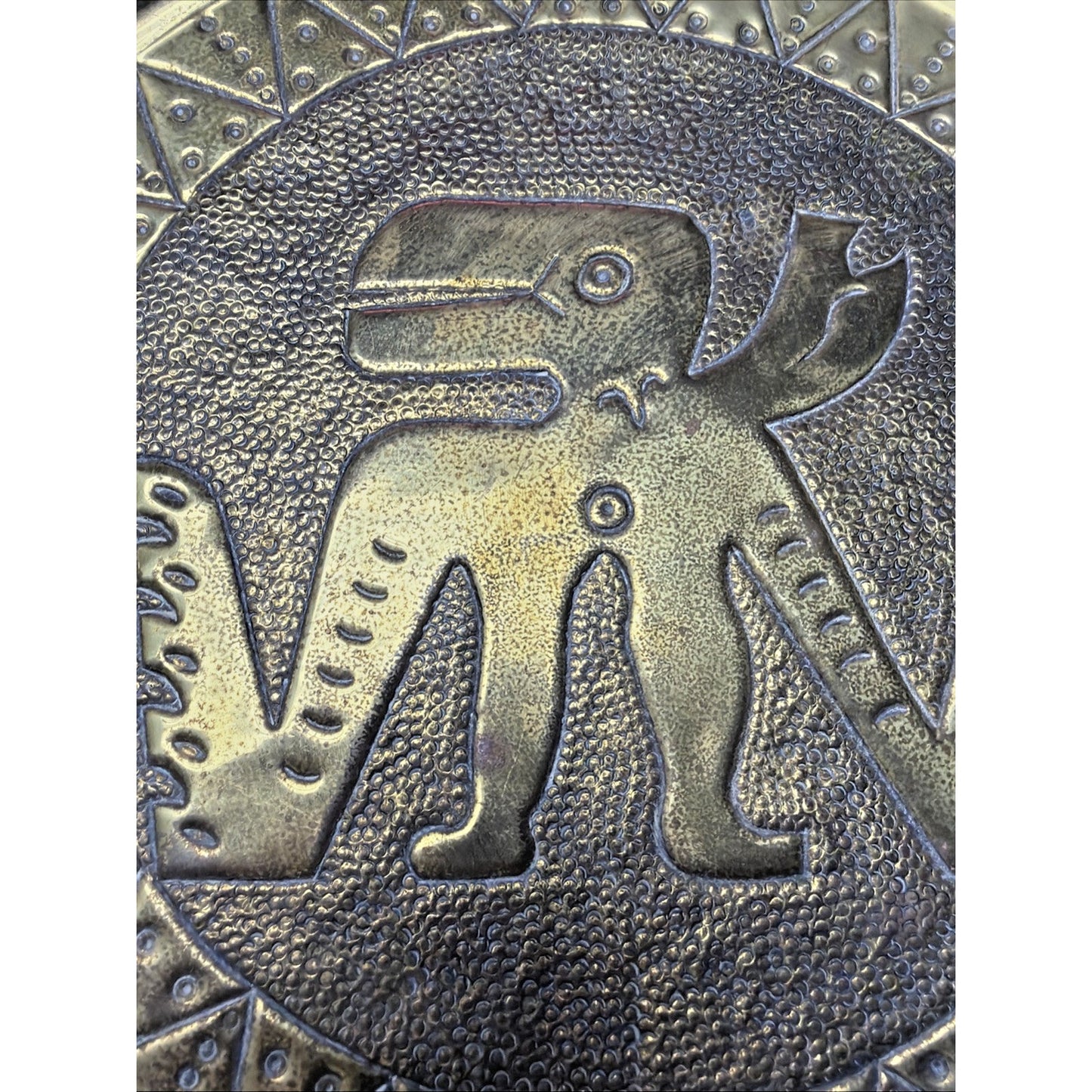 Mayan Aztec Peruvian Brass Gold Metal Enamel Engraved Hammered Wall Plate As Is