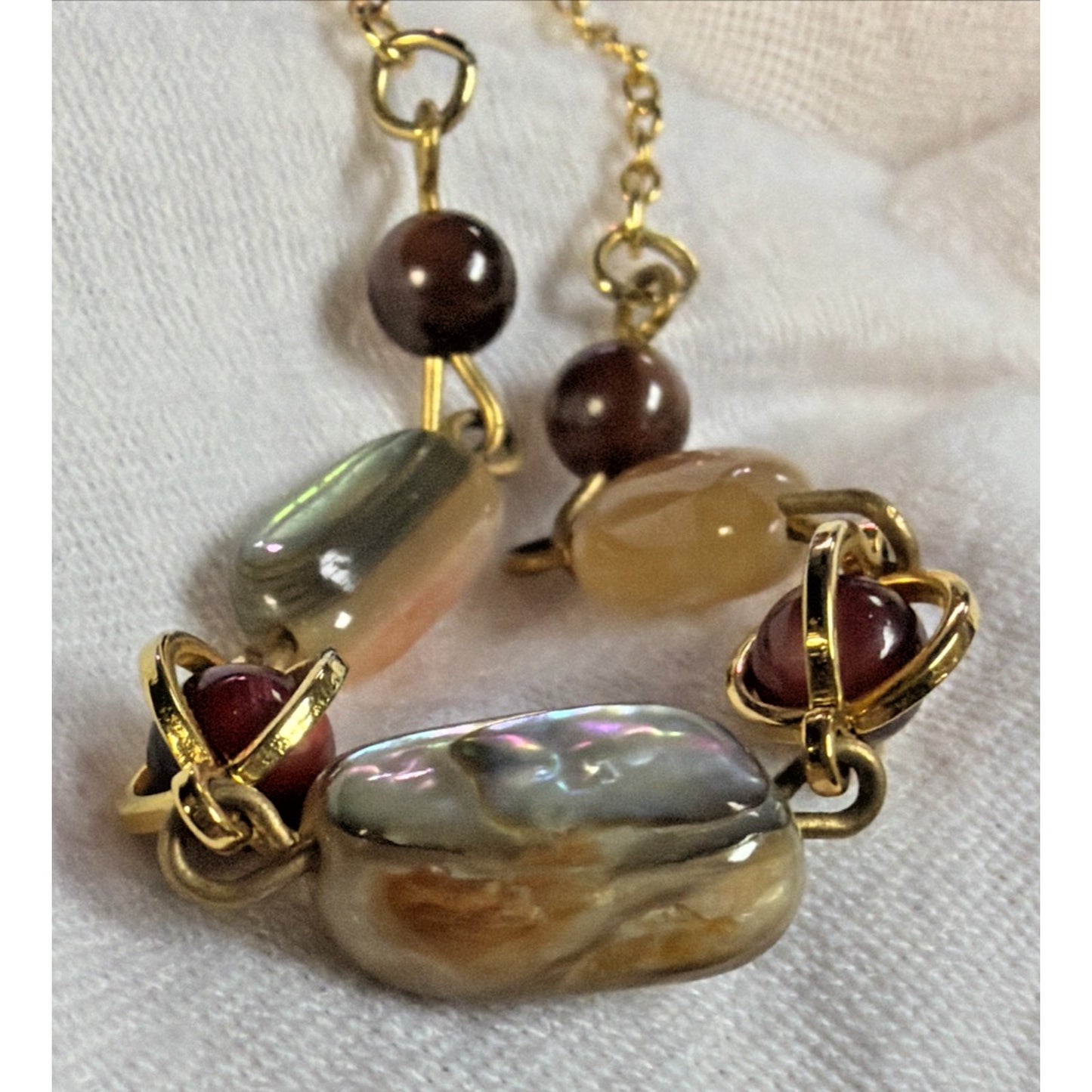 Vintage Multi Stone Necklace Gold Tone Agate Mother of Pearl Shell