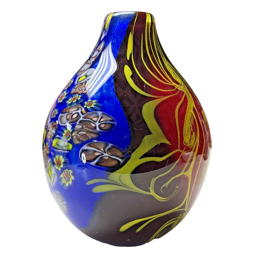 Abstract Cased Art Glass Vase Millefiori Murrine Vase Cobalt Red Yellow Heavy