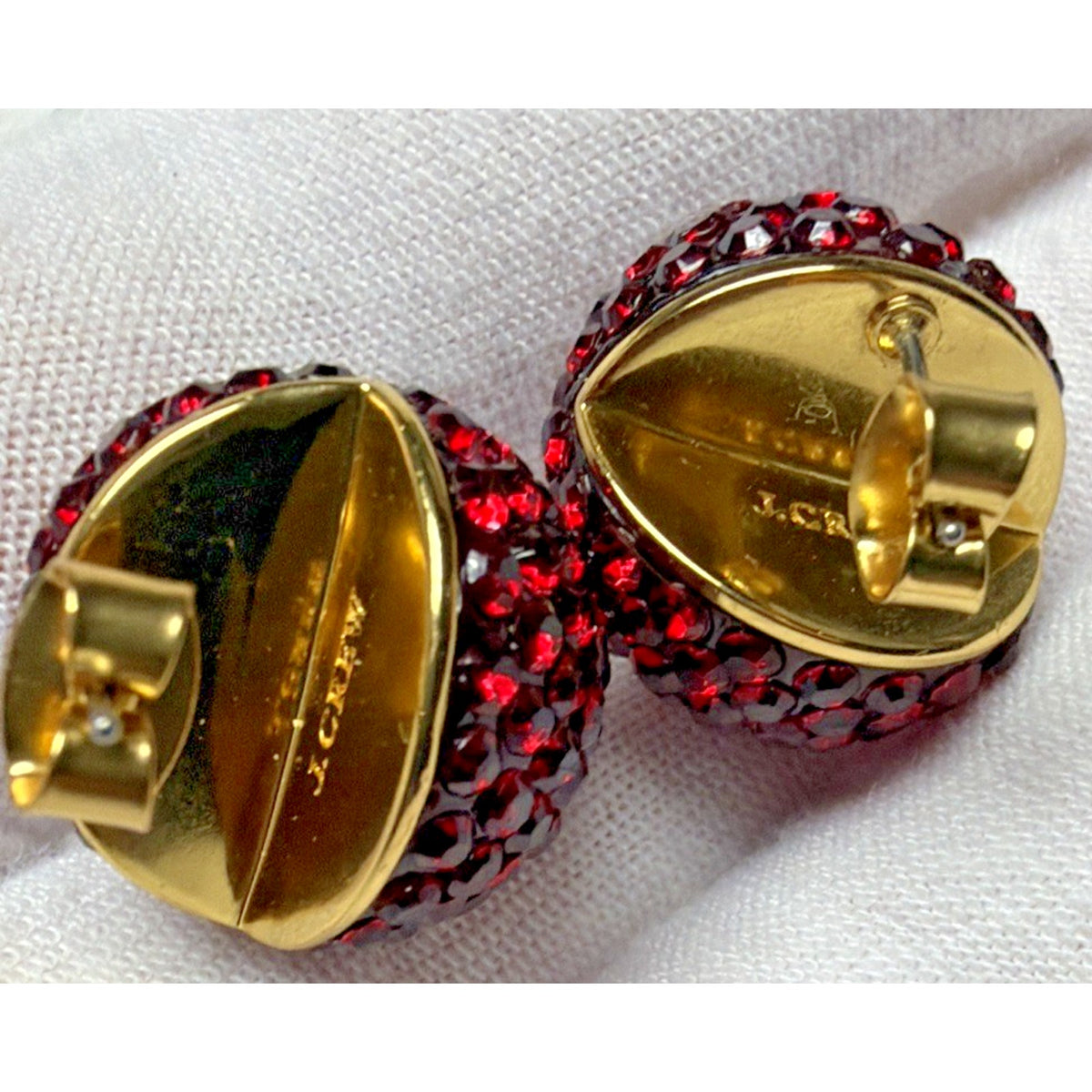J Crew Pave Crystal Ruby Red Rhinestone Ball Stud Chunky Dome Earrings Gold Tone