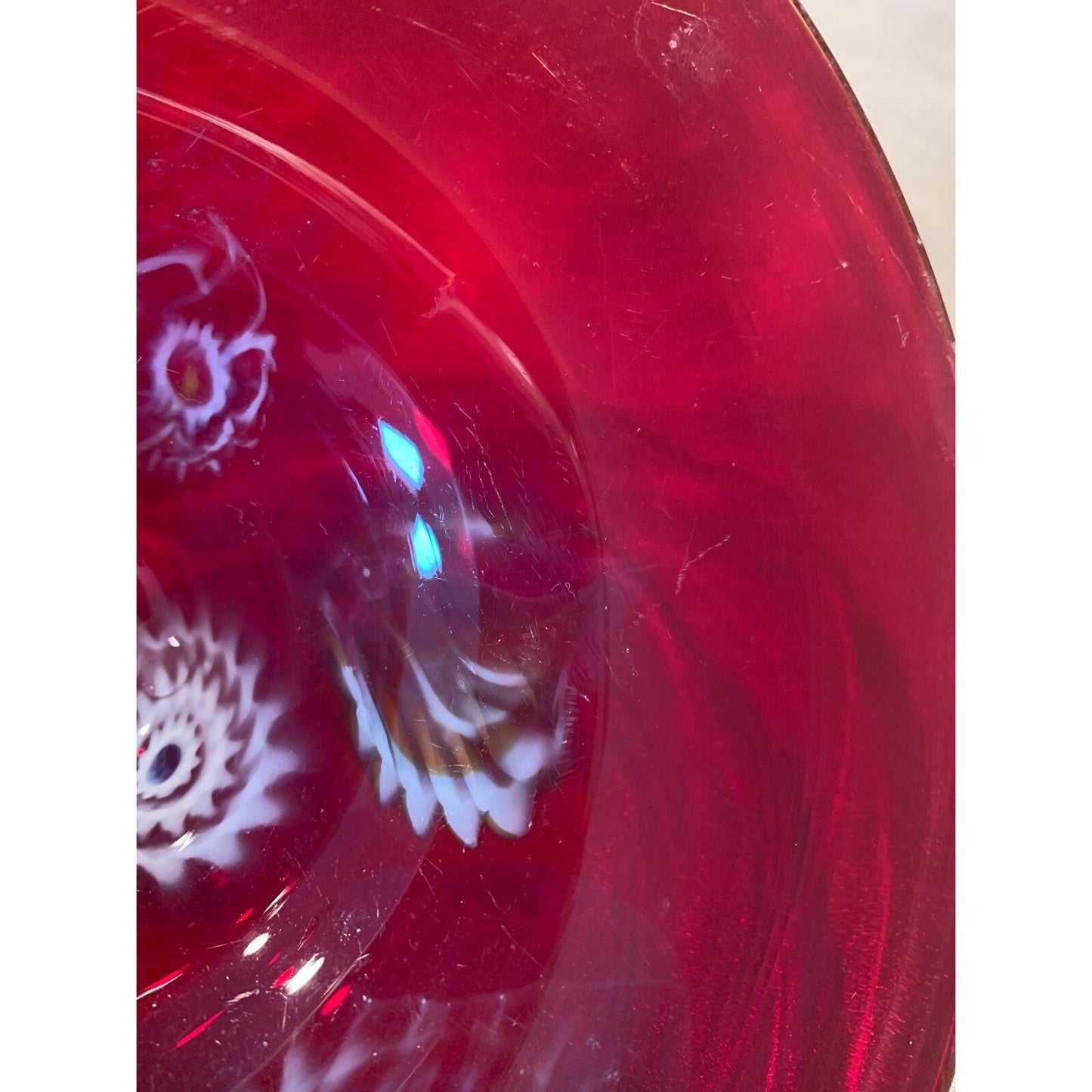 Vintage Murano Art Glass Venetian Murrine Bowl Cherry Red Millefiori Flower