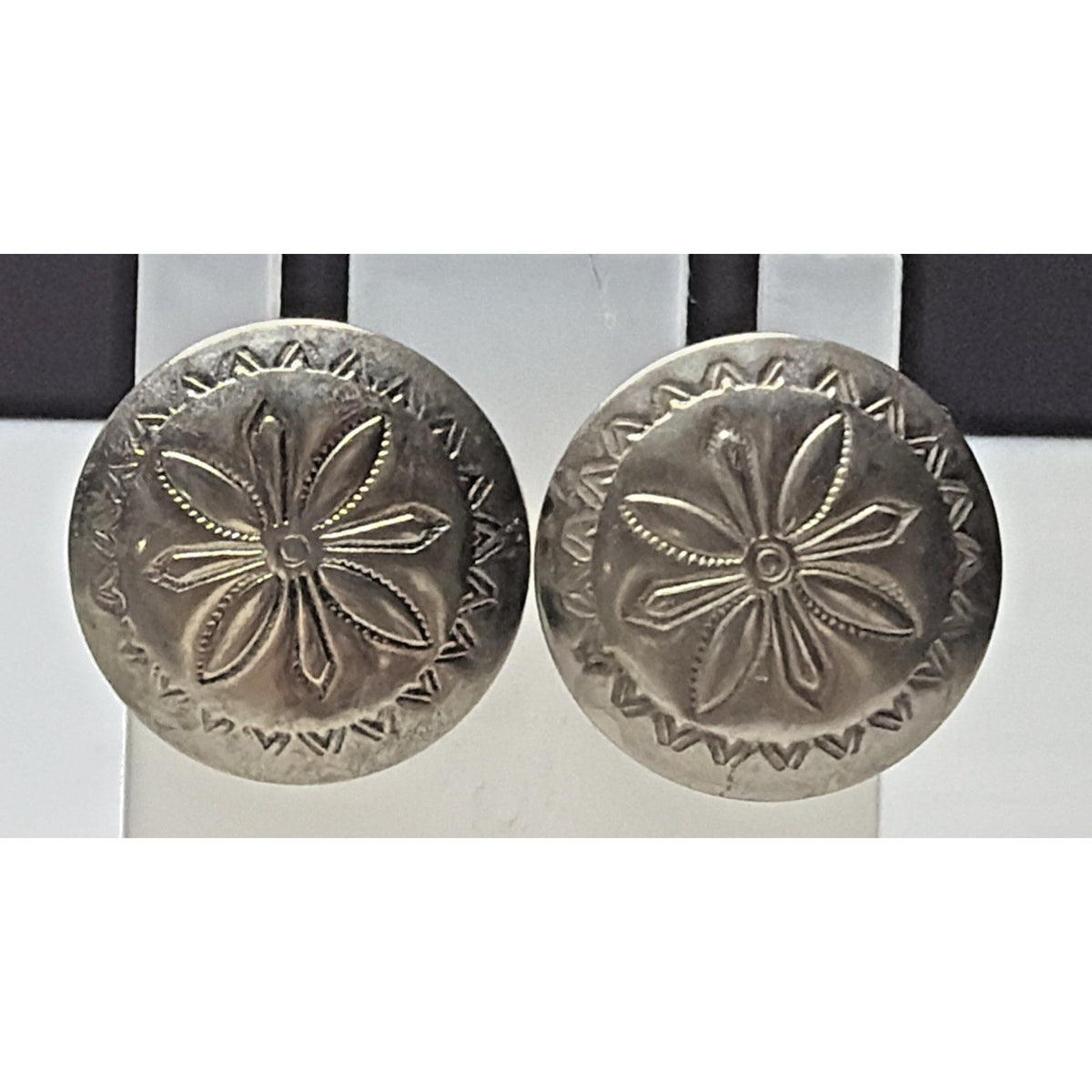 Vintage Native American Nickel Silver Stamped Concho Earrings Round Dome Read