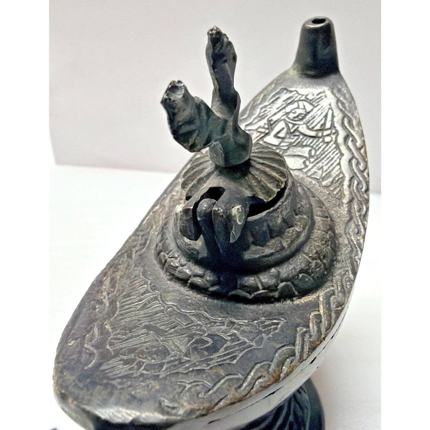 Old Bronze Brass Peacock Bird Engraved Aladdin Lamp Oil Handle As Is Read