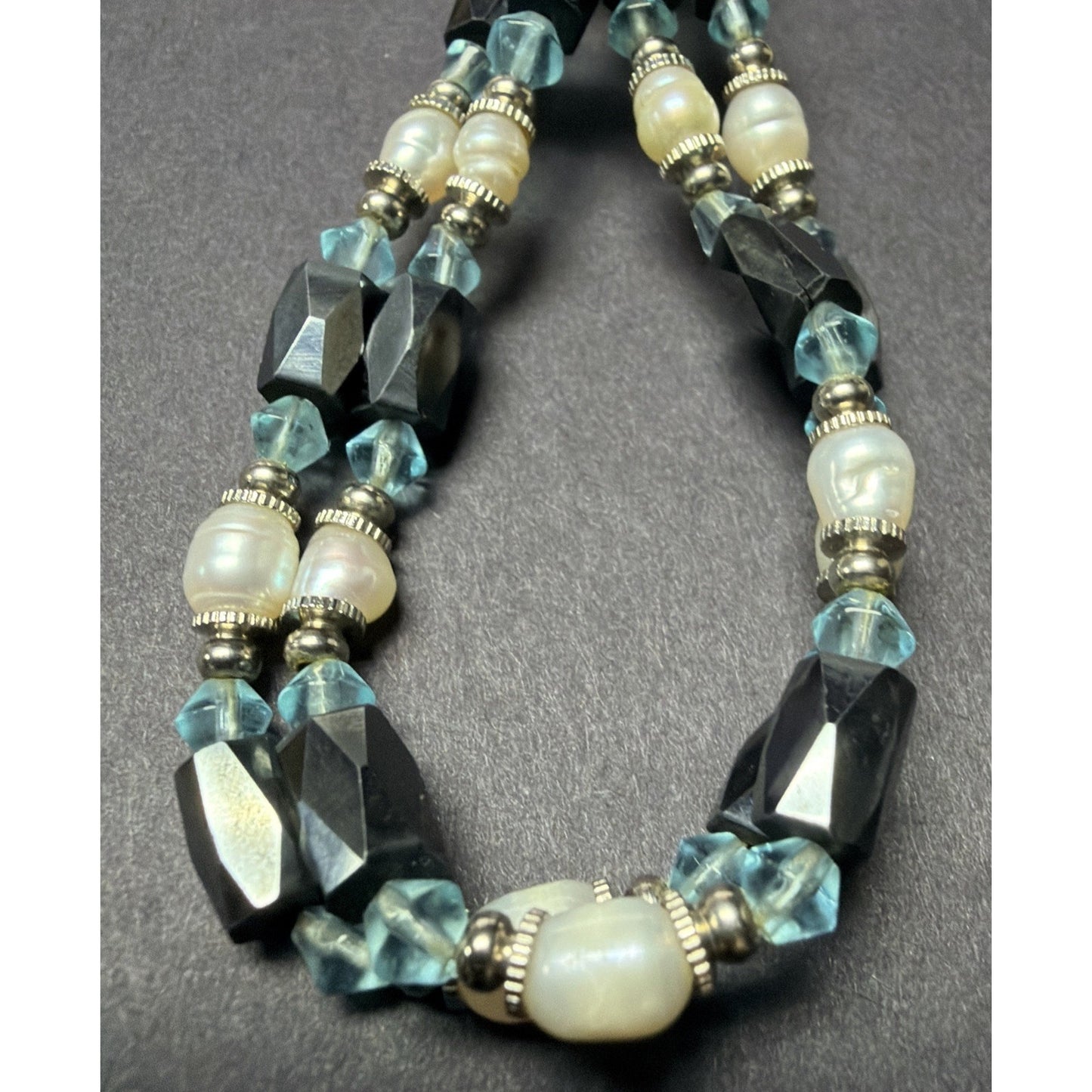 Vintage Layered Beaded Hematite Magnetic Necklace Bracelet Pearl Blue Crystal