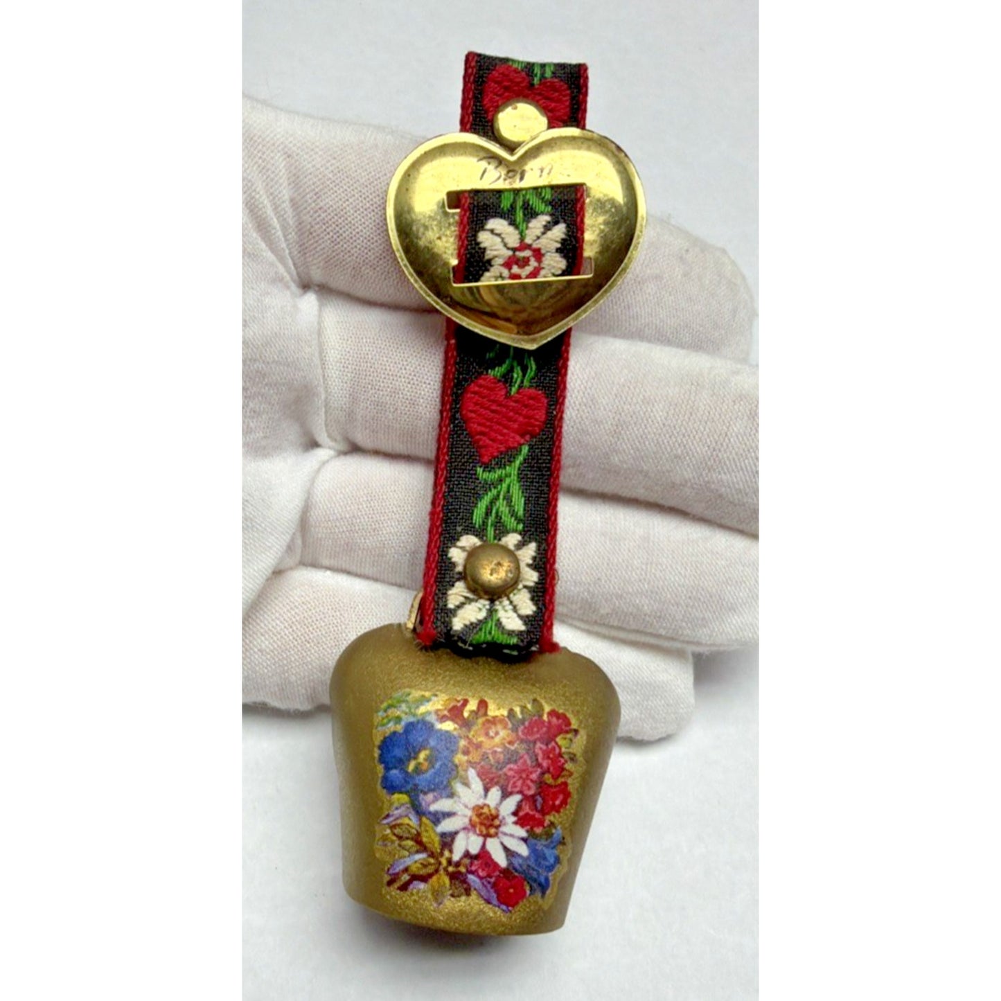 Vtg Metal Brass Colored Swiss Cowbell Cow Bell Embroidered Strap Floral Heart