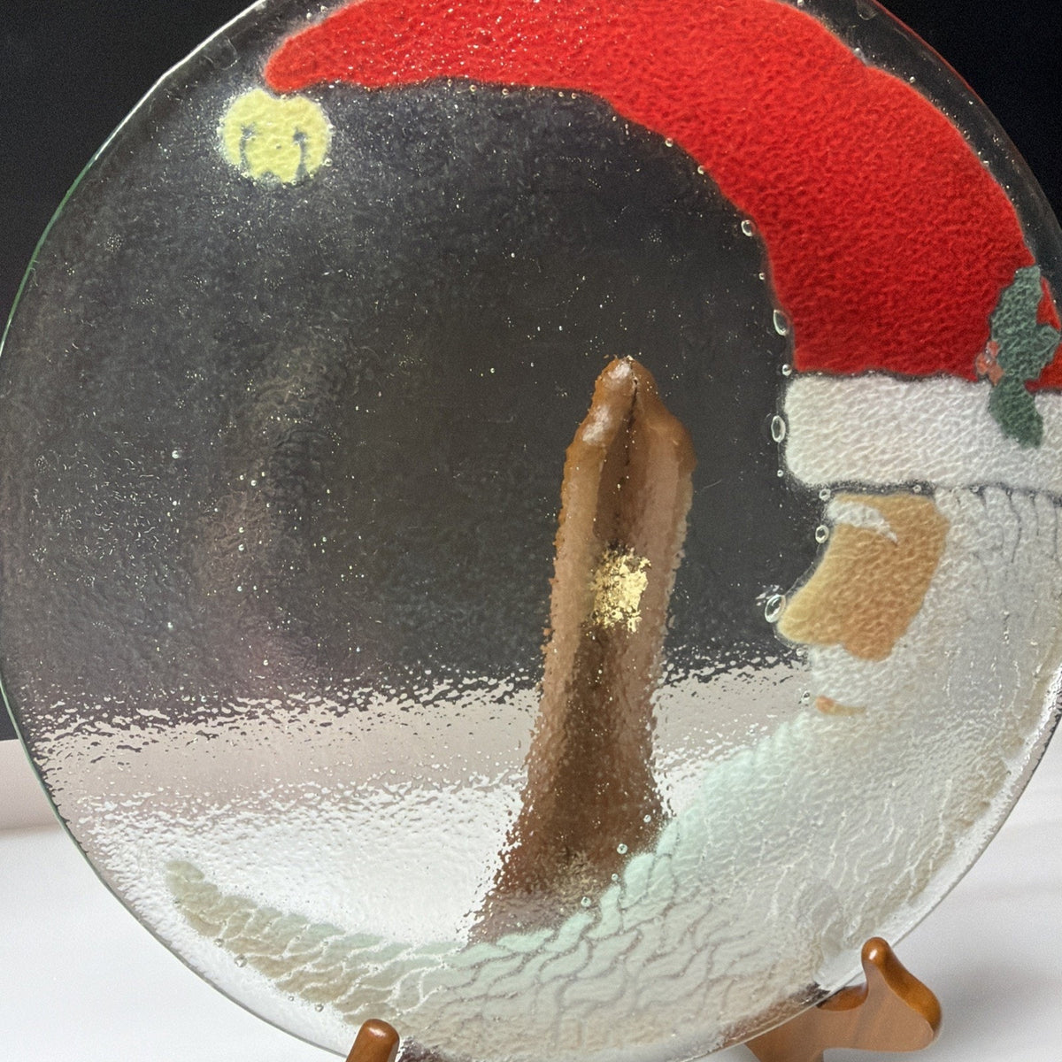 Vintage Peggy Karr Fused Glass Crescent Moon Santa Christmas Platter Signed