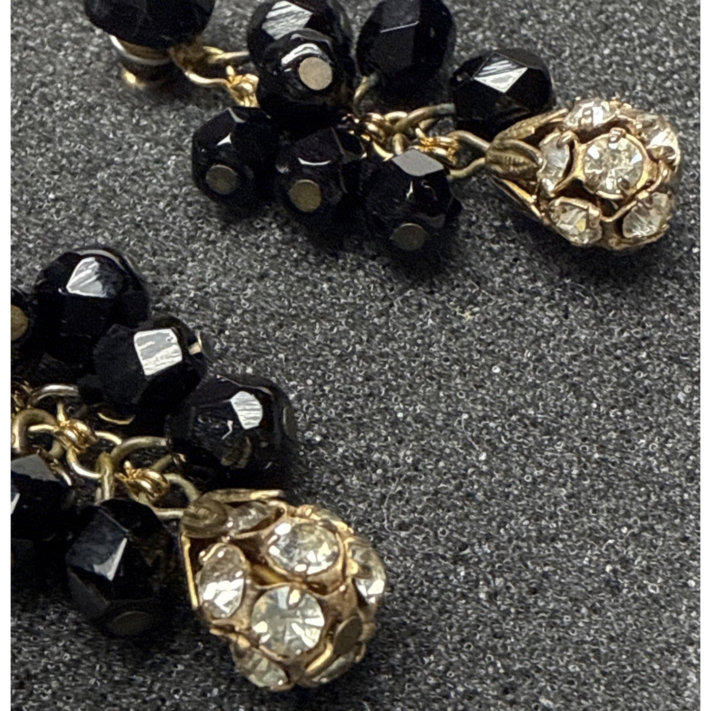 Vtg Black Faceted Glass Cluster Dangle Drop Earrings Disco Ball Rhinestone As-Is