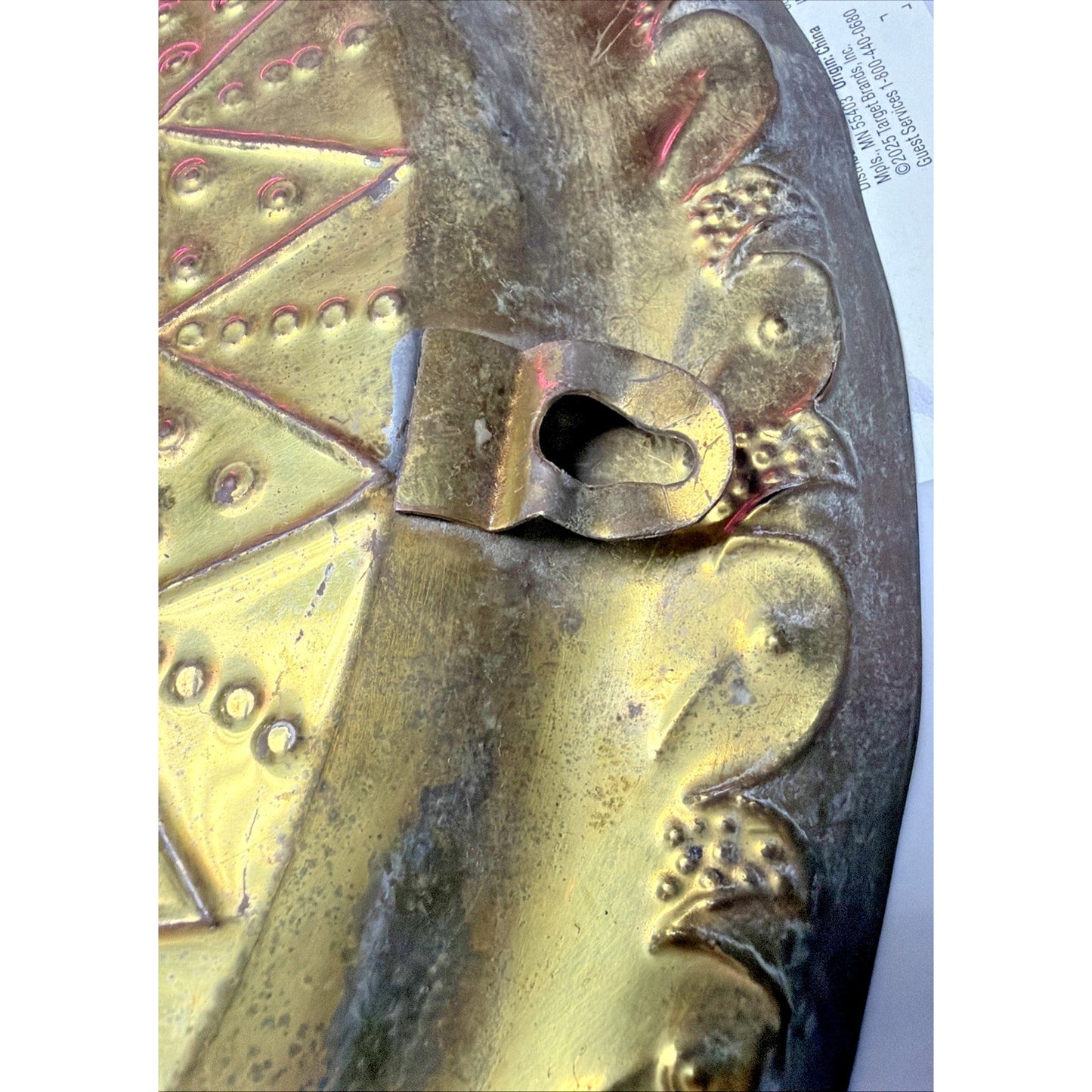 Mayan Aztec Peruvian Brass Gold Metal Enamel Engraved Hammered Wall Plate As Is