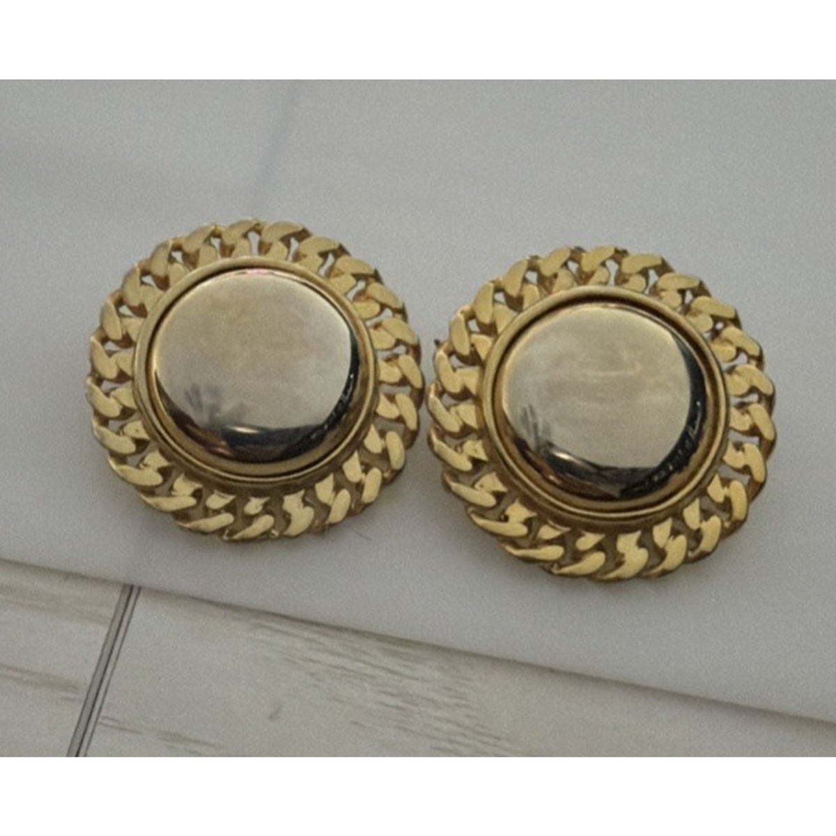 Vintage Button Dome Earrings Gold Tone Round Curb Chain Braided Border Clip On