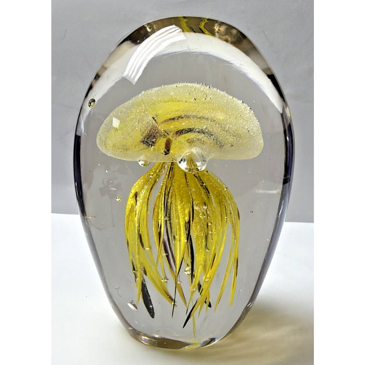 Dynasty Gallery Art Glass Jellyfish Paperweight Yellow Black UV Reactive Glows