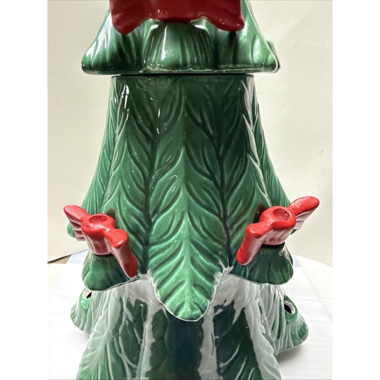Vintage Marcia Ceramics Large Christmas Tree Red Bow Candle Holders As Is