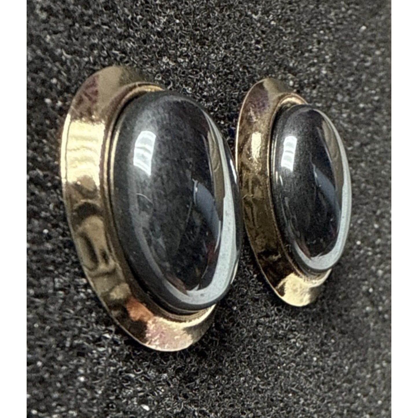 Vintage Gold Tone Metal Hematite Cabochon Earrings Oval Post Stud Large As-Is