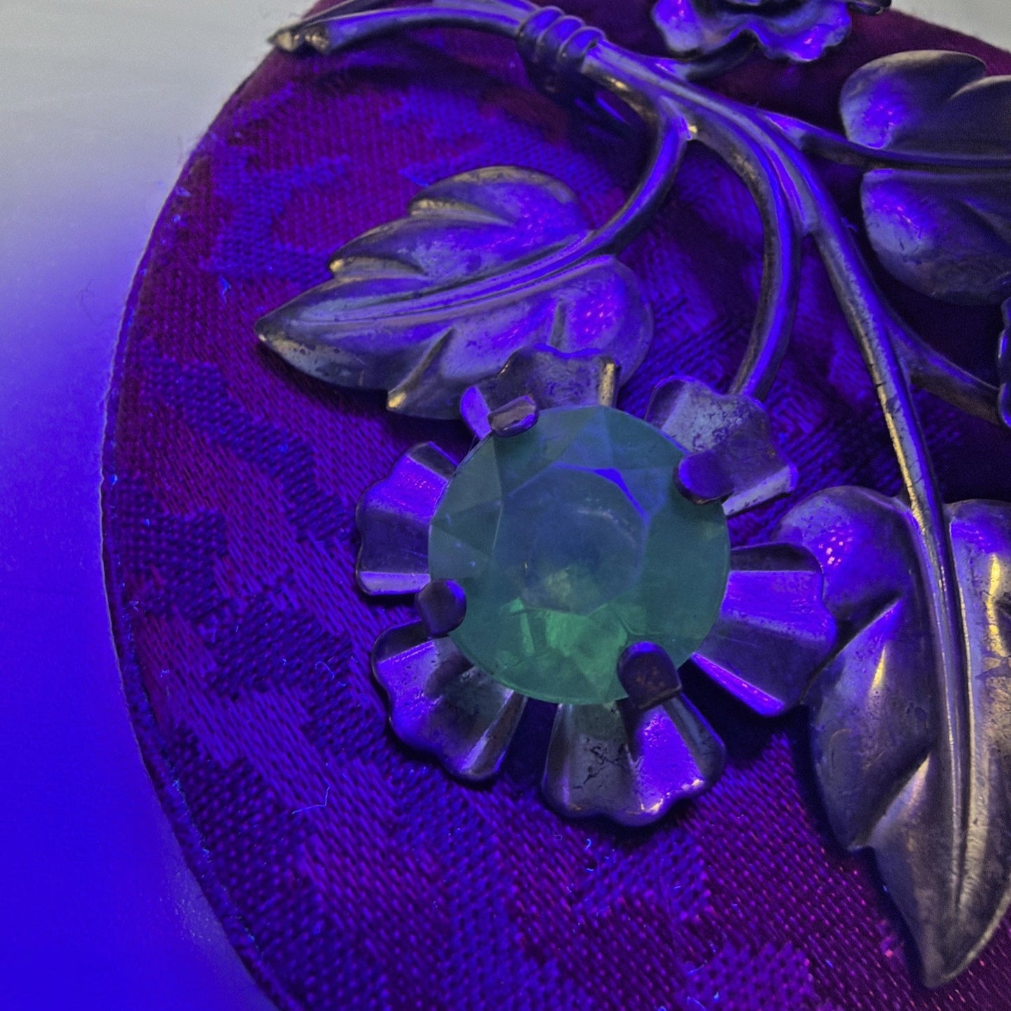 Vintage Large Gold Tone Floral Sprig Spray Brooch Pin Green Rhinestones