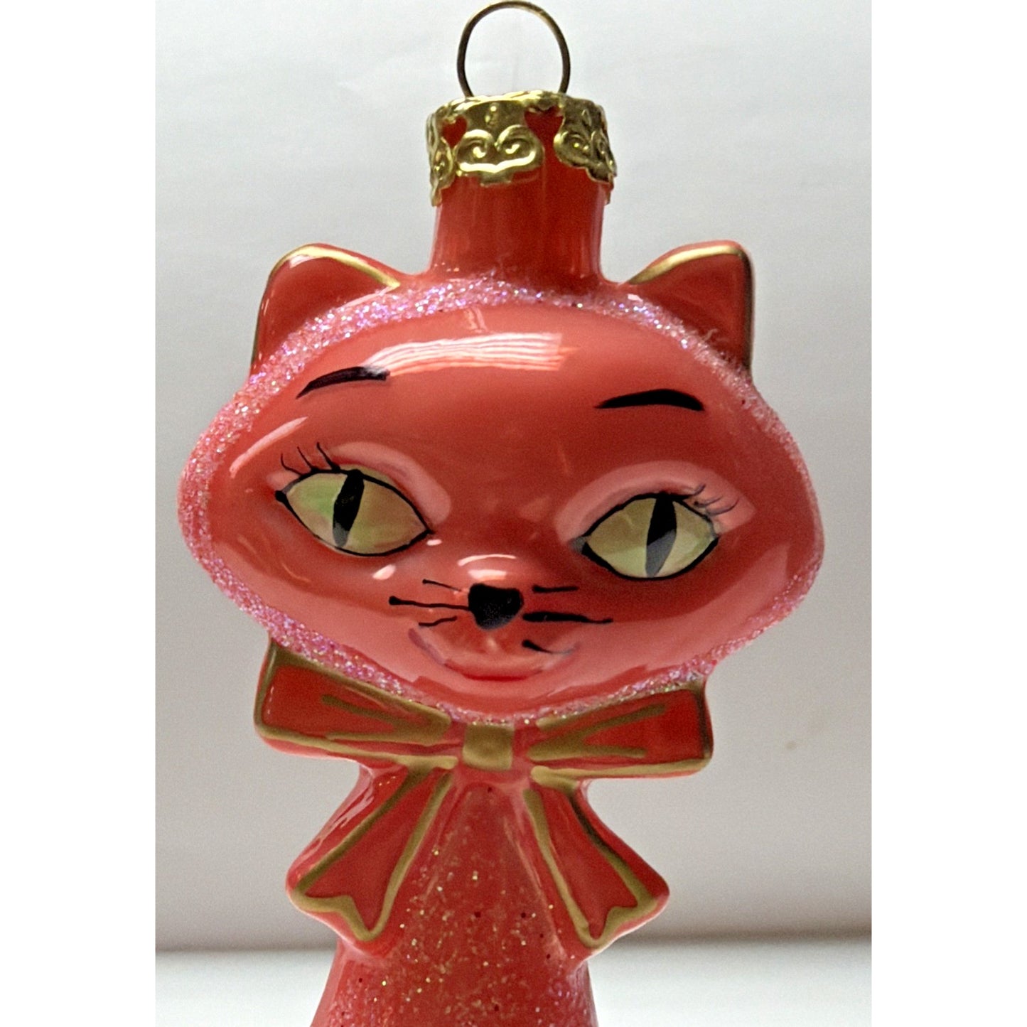 MCM Cody Foster Kitschy Kitten Glass Cat Ornament Coral Glitter