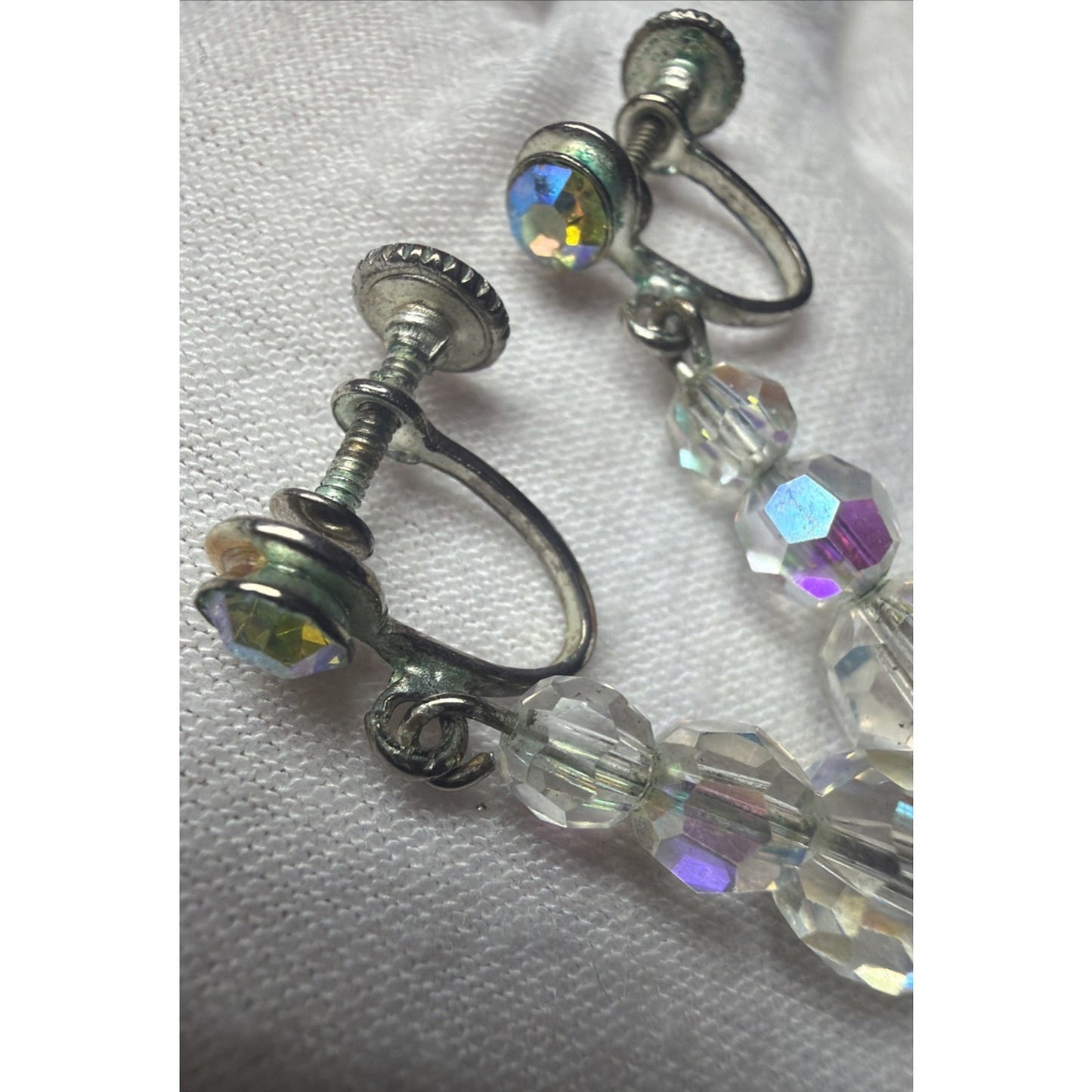 Vintage Clear Aurora Borealis AB Crystal Bead Dangle Screw Back Earrings