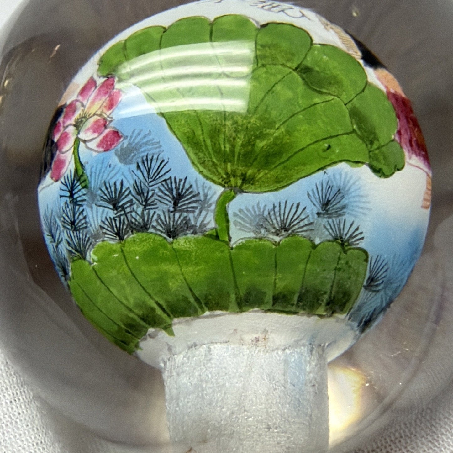 Vtg Asian Reverse Painted Glass Ball Paperweight Fish Lotus Tree Plenty of Fish