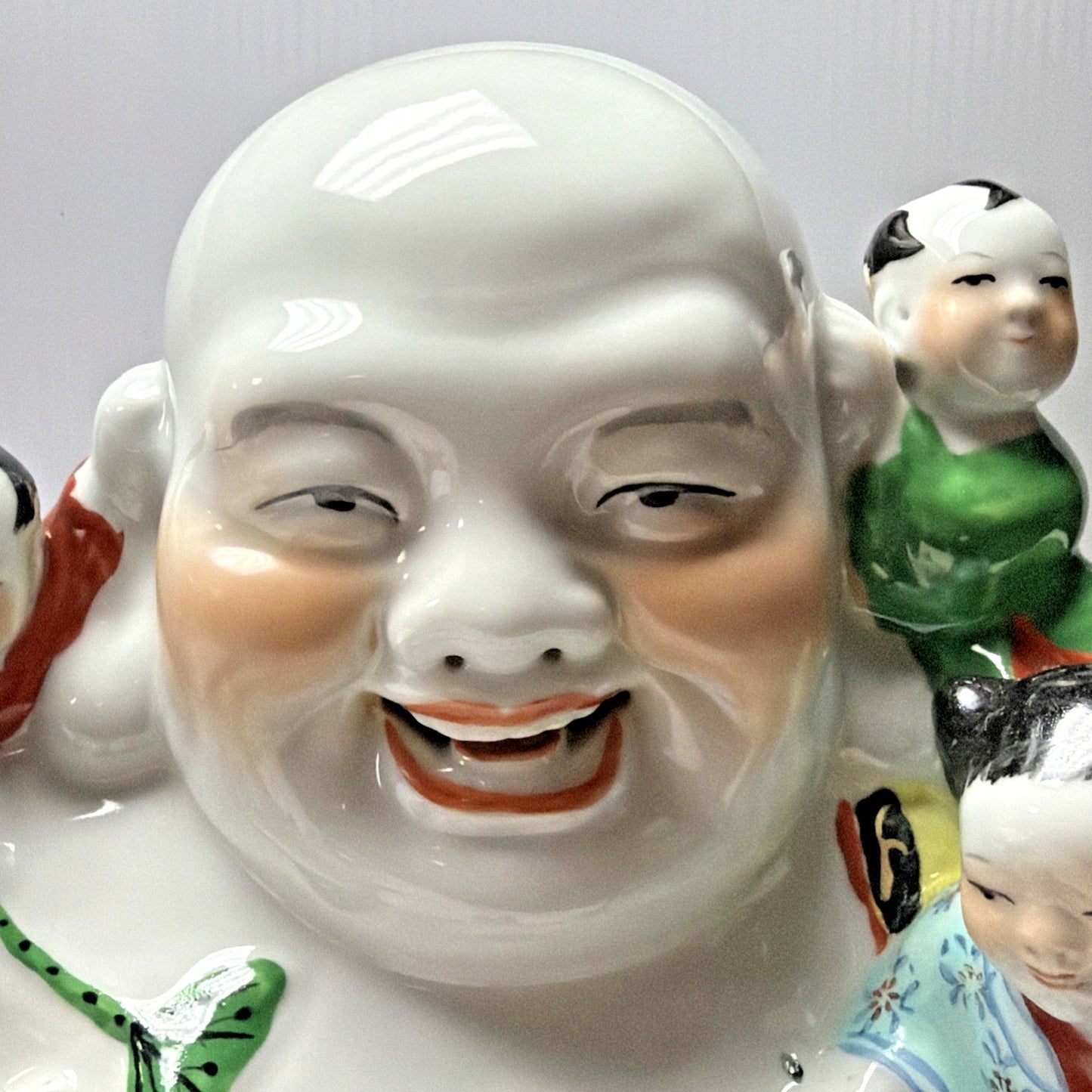 Chinese Famille Rose Jaune Laugh Buddha Fertility Painted 5 Children 12" Stamped