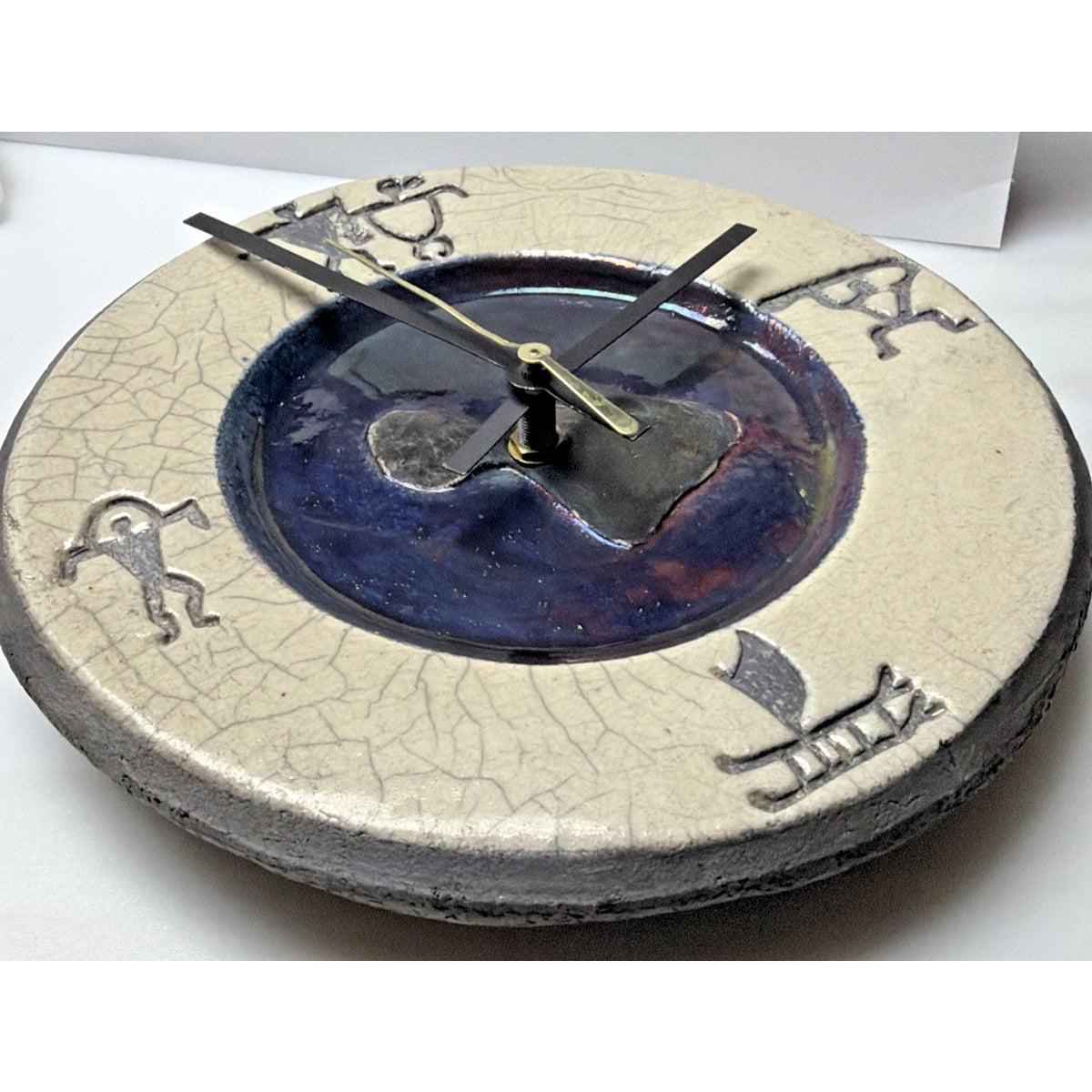 Vtg Ben Diller Raku Art Pottery Petroglyph Glazed Crackle Clock Iridescent As Is