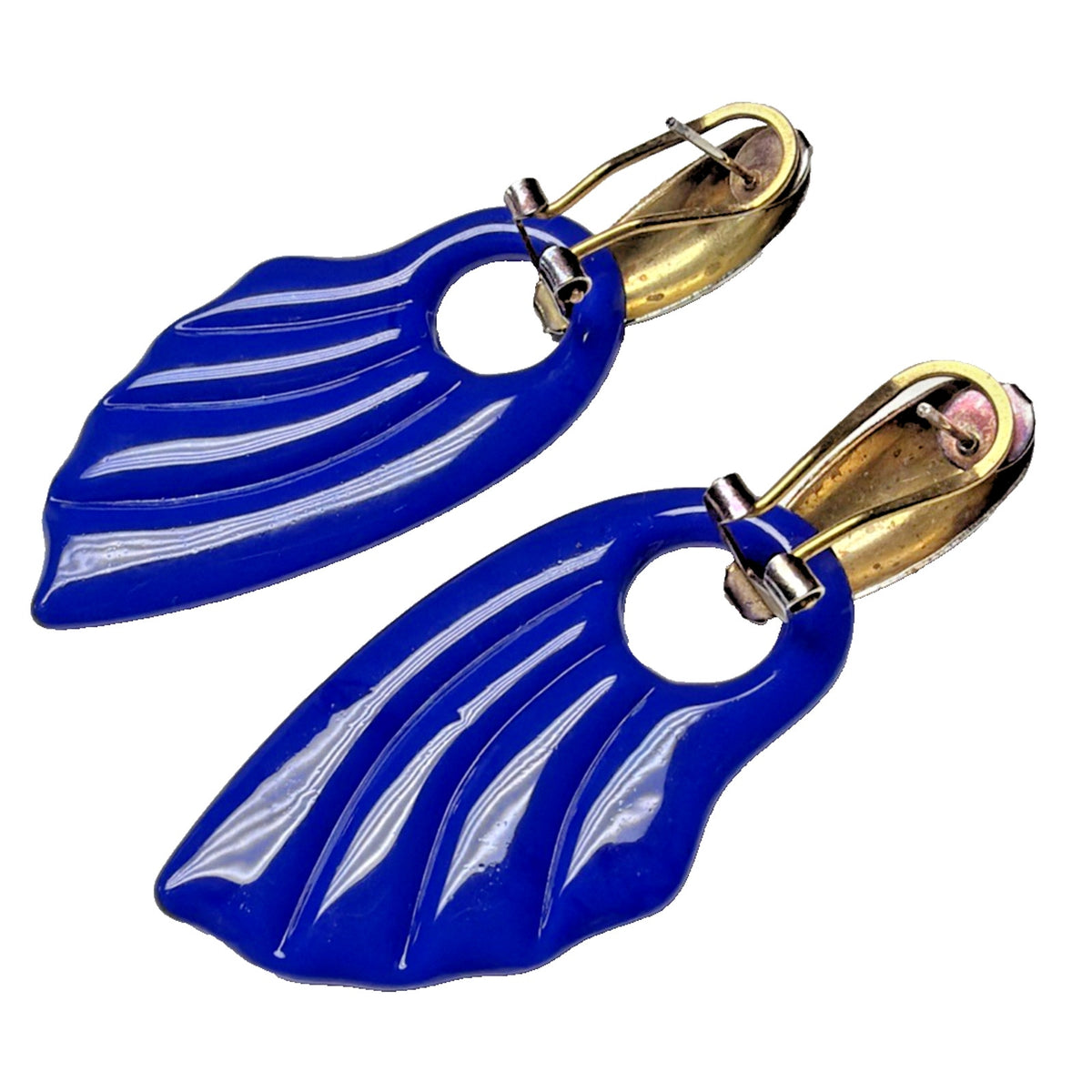 Vintage Cobalt Blue Glass Door Knocker Earrings Fan Wing Chunky As Is No Backs