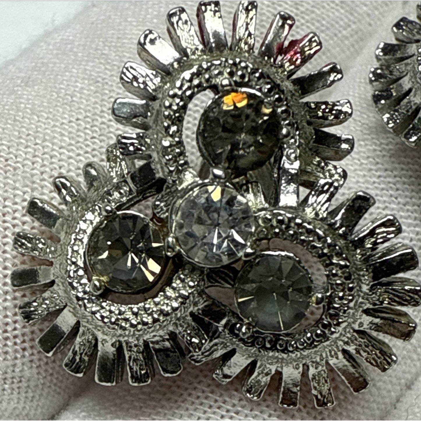 Vtg Coro Earrings Clip On Atomic Sunburst Rhinestone Flower Silver Tone As Is
