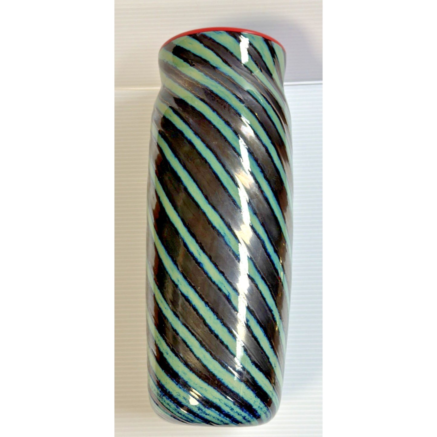 Jon Bush Iridescent Art Glass Vase Black Green Spiral Abstract Red Lip Signed