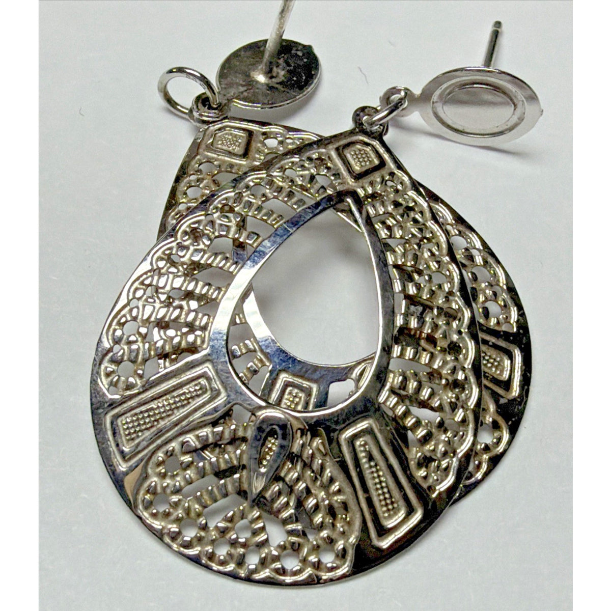 Vtg Ornate Sterling Silver Filigree Open Teardrop Dangle Earrings Post No Backs