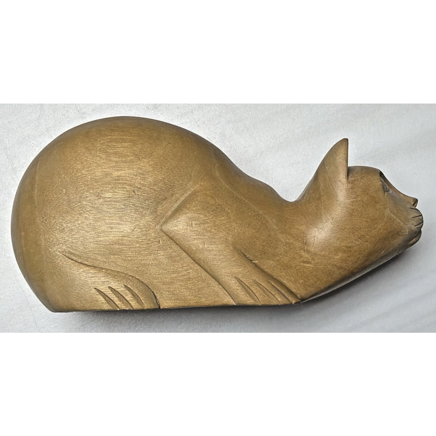 Folk Art Whimsey Hand Carved Solid Wood Cat Figurine Crouched Statue