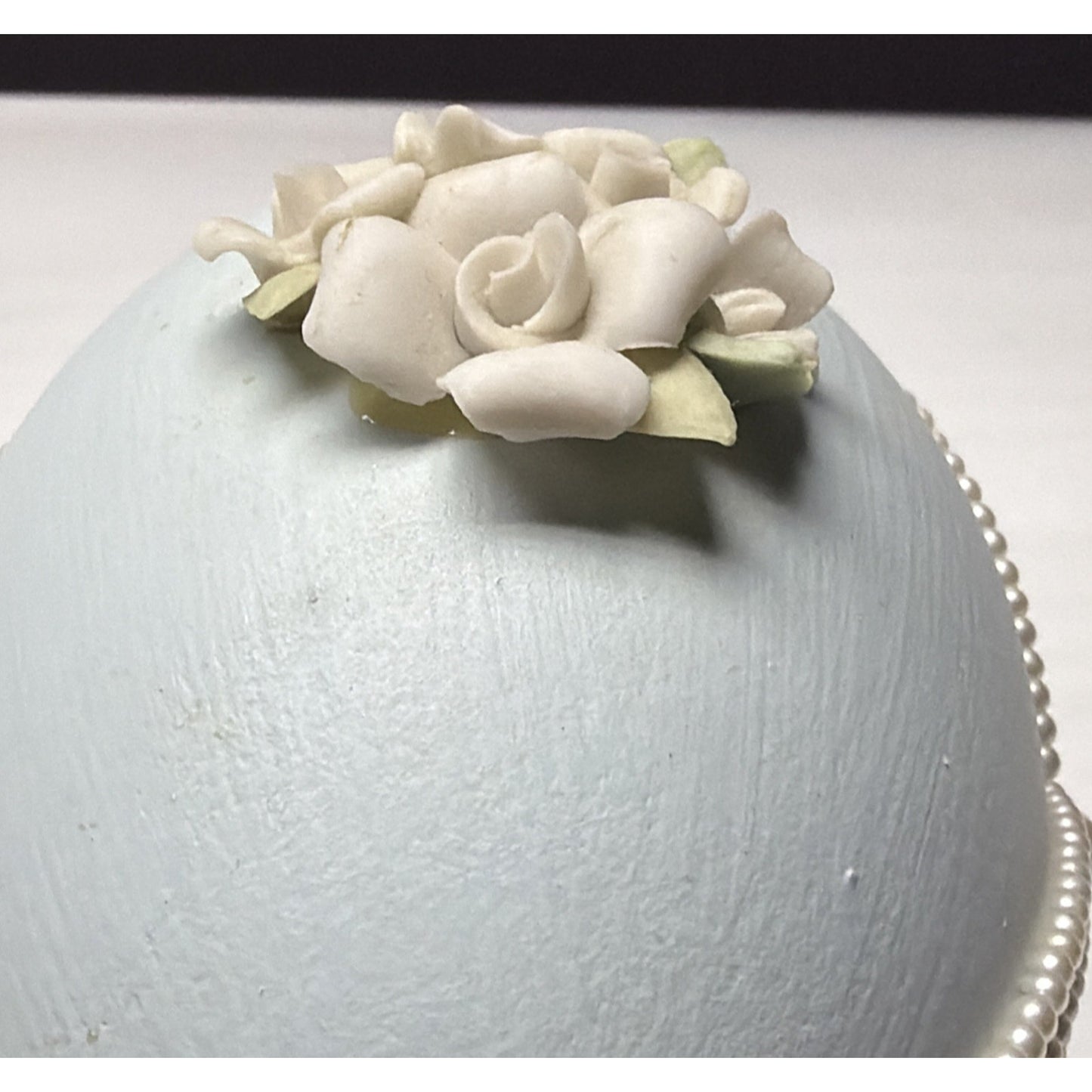 Egg Fantasy Hand Decorated Goose Egg Blue Trinket Jewelry Box Porcelain Flowers