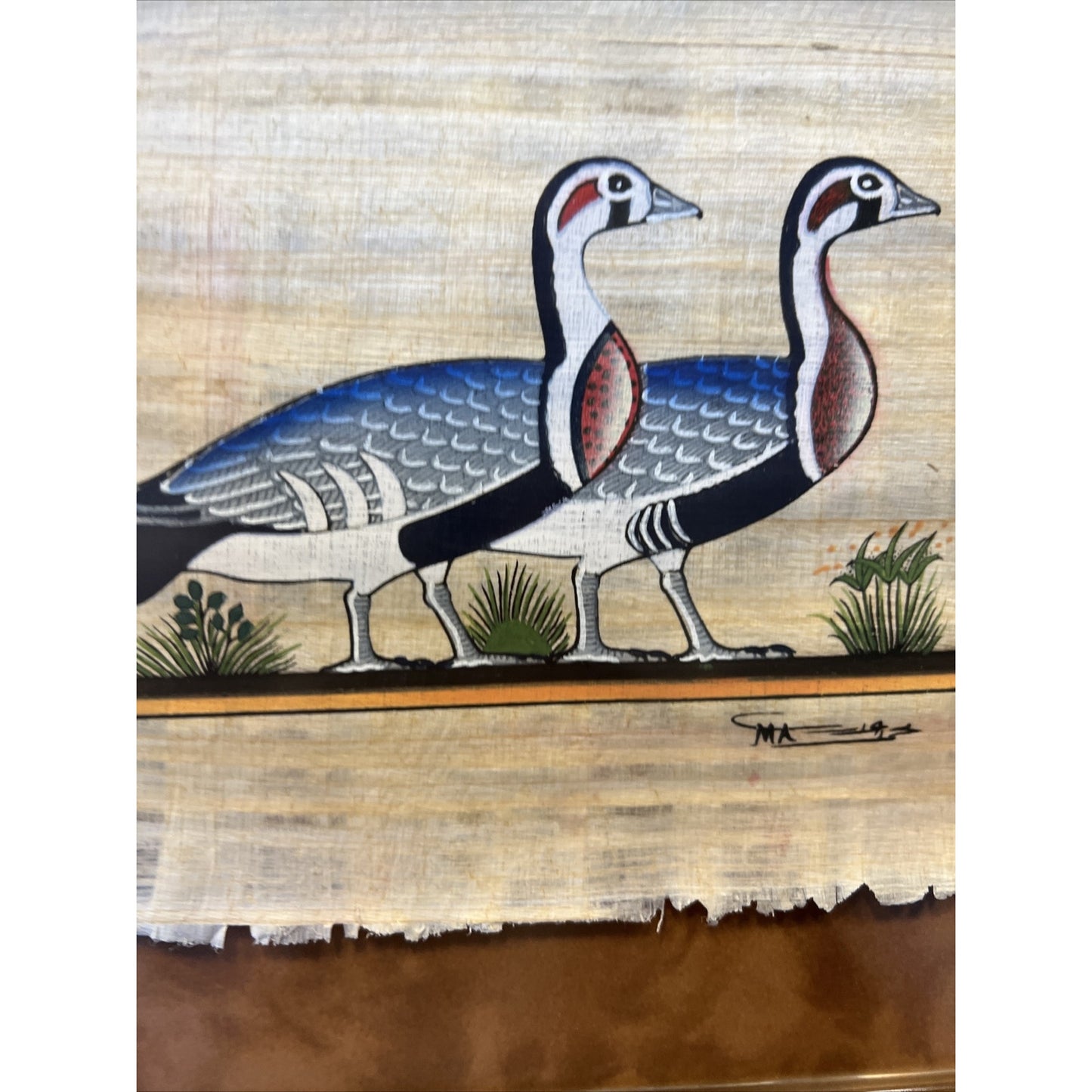 Vtg Delta Papyrus Factory Egypt Painting Geese Signed Birds Framed Certificate