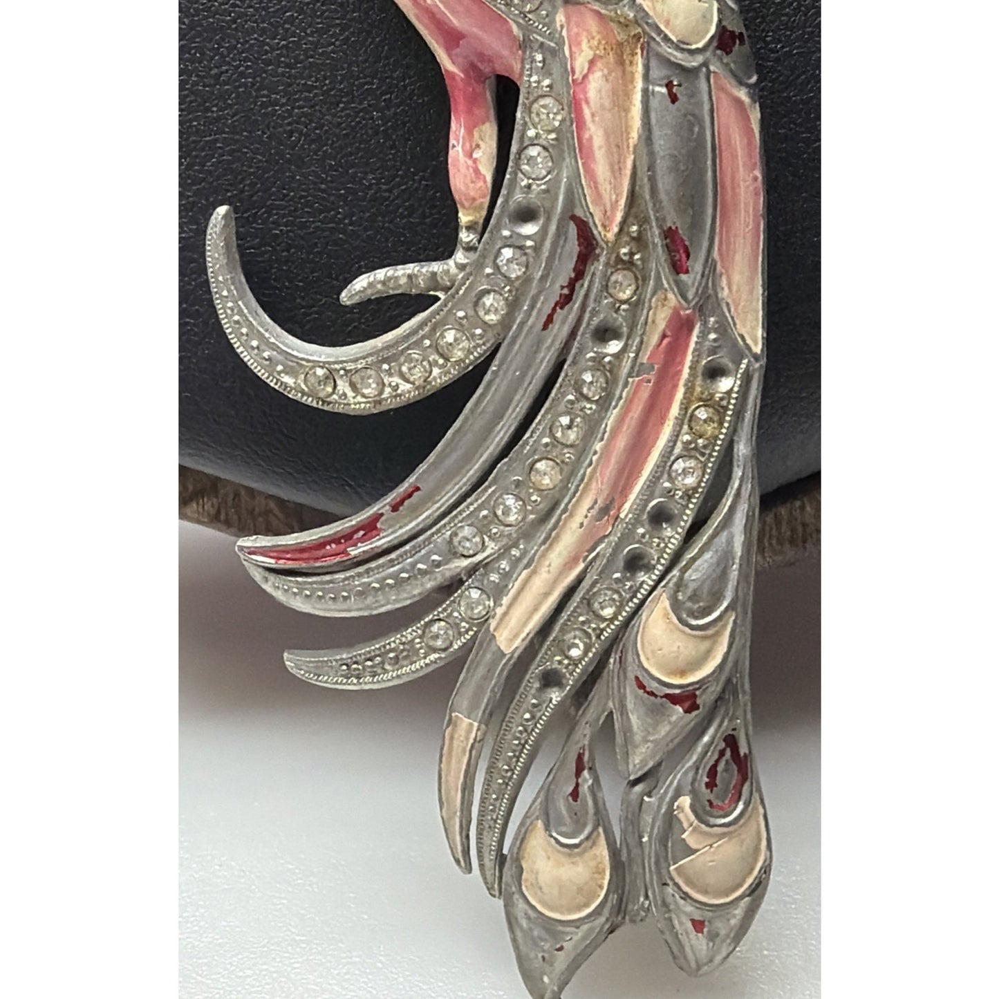 Vintage Large Enamel Rhinestone Bird of Paradise Peacock Egret Brooch Damage