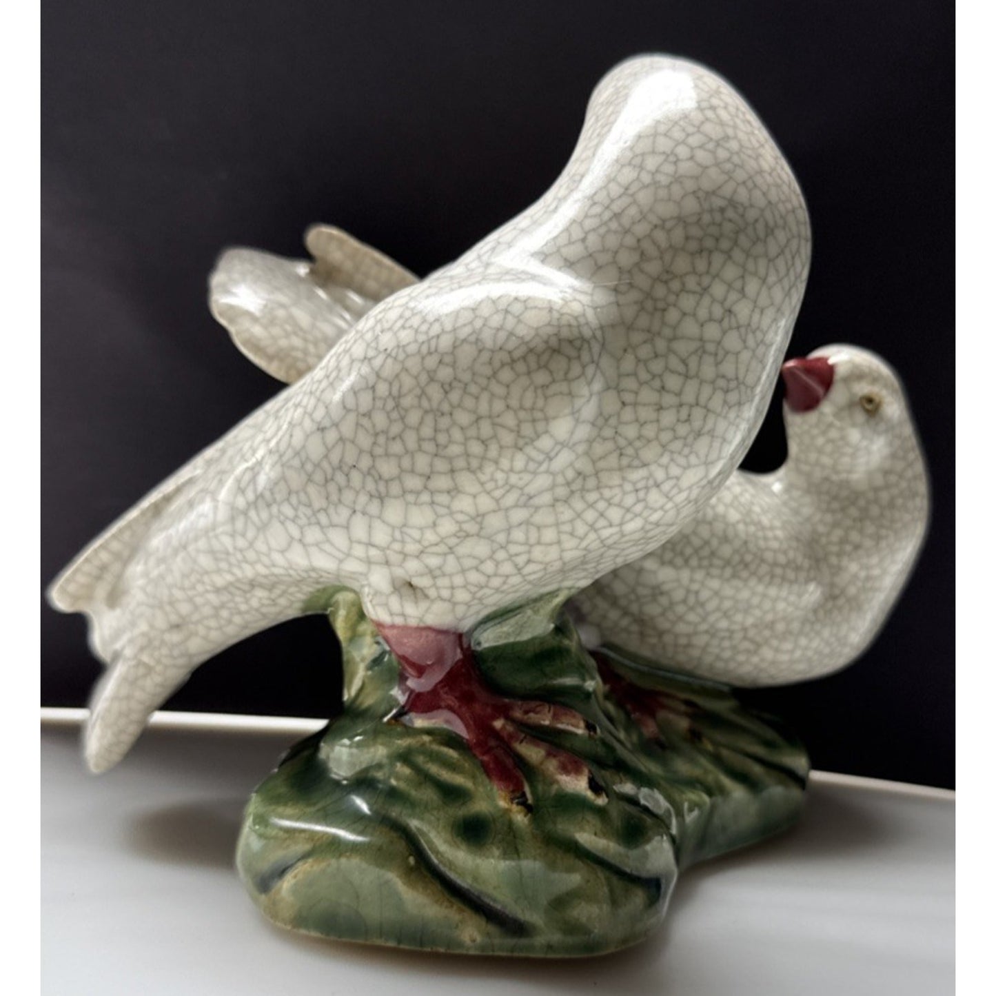 Vintage Chinese Crackle Glazed Majolica Pottery Doves Love Birds Sculpture