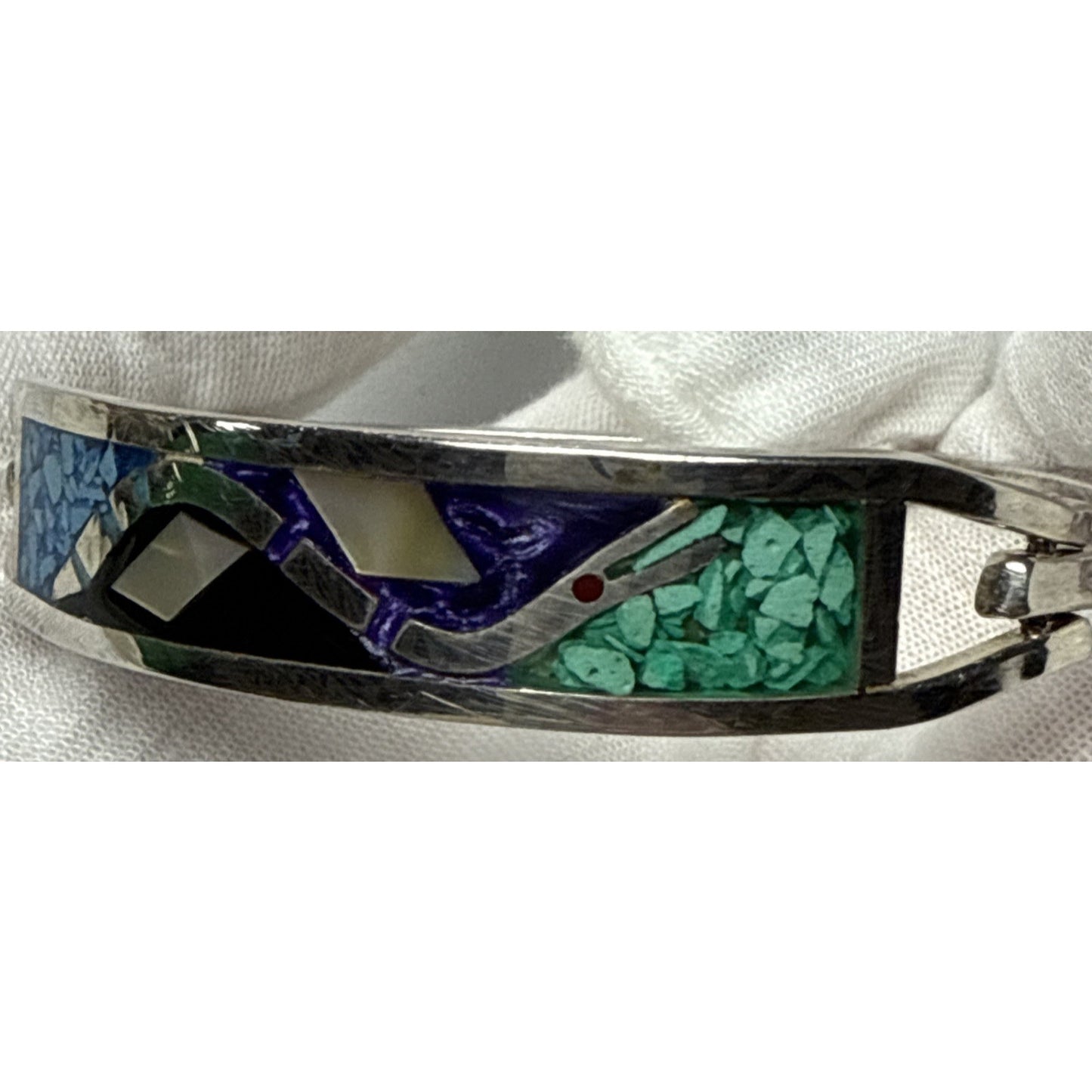 Mexico Sterling Silver Inlaid Hinge Bracelet Snake MOP Onyx Lapis Turquoise Chip