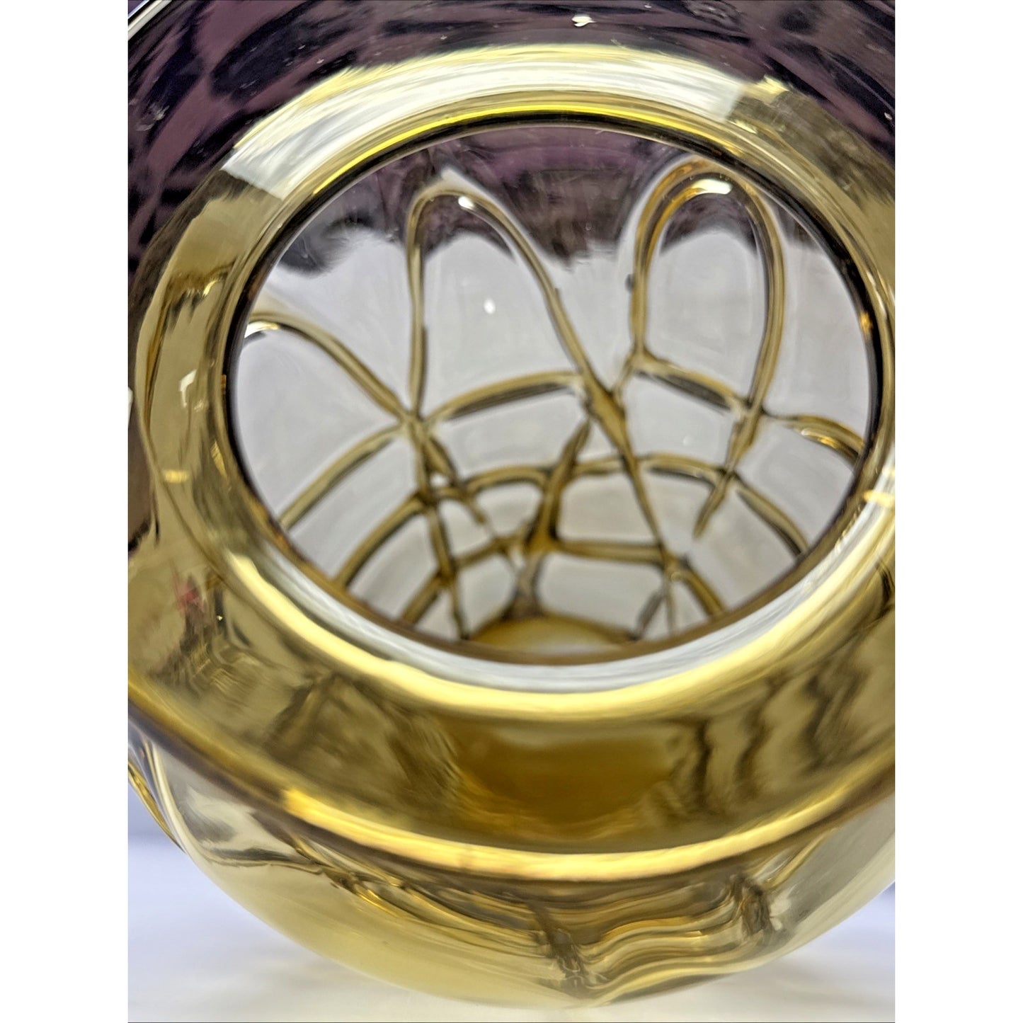 MCM Amber Blown Art Glass Vase Webbed Spider Vine Threaded Abstract