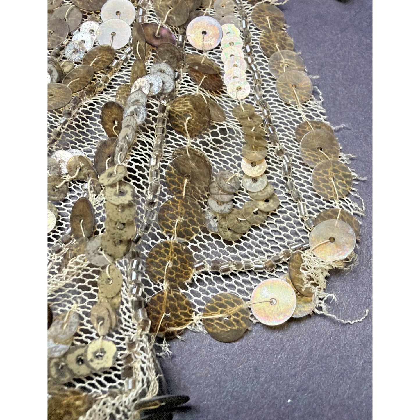 Antique Gold Sequined Tulle Lace Applique Bow Adornment As Is
