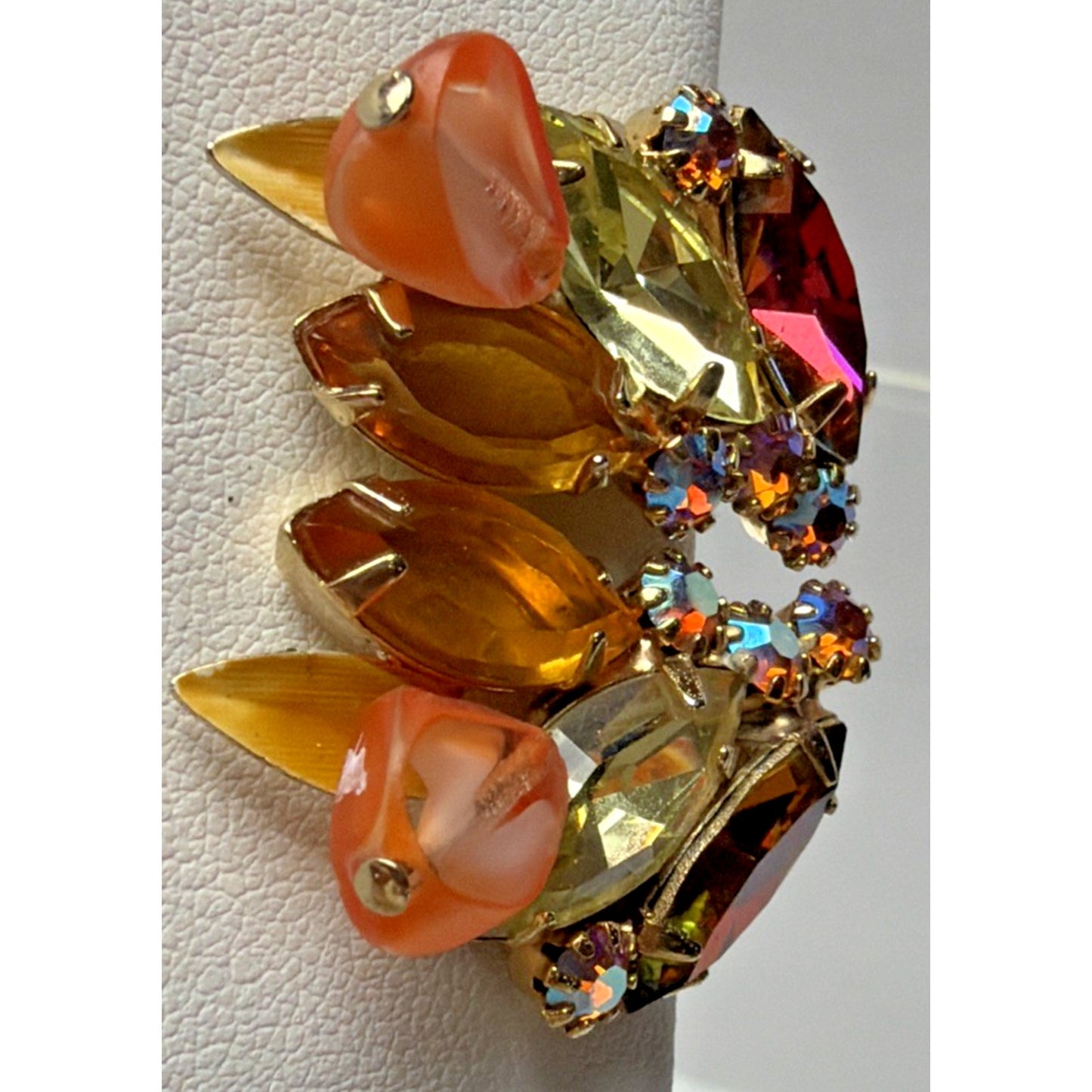 Juliana Yellow Amber Topaz Rhinestone Art Glass Window Bead Givre Clip Earrings
