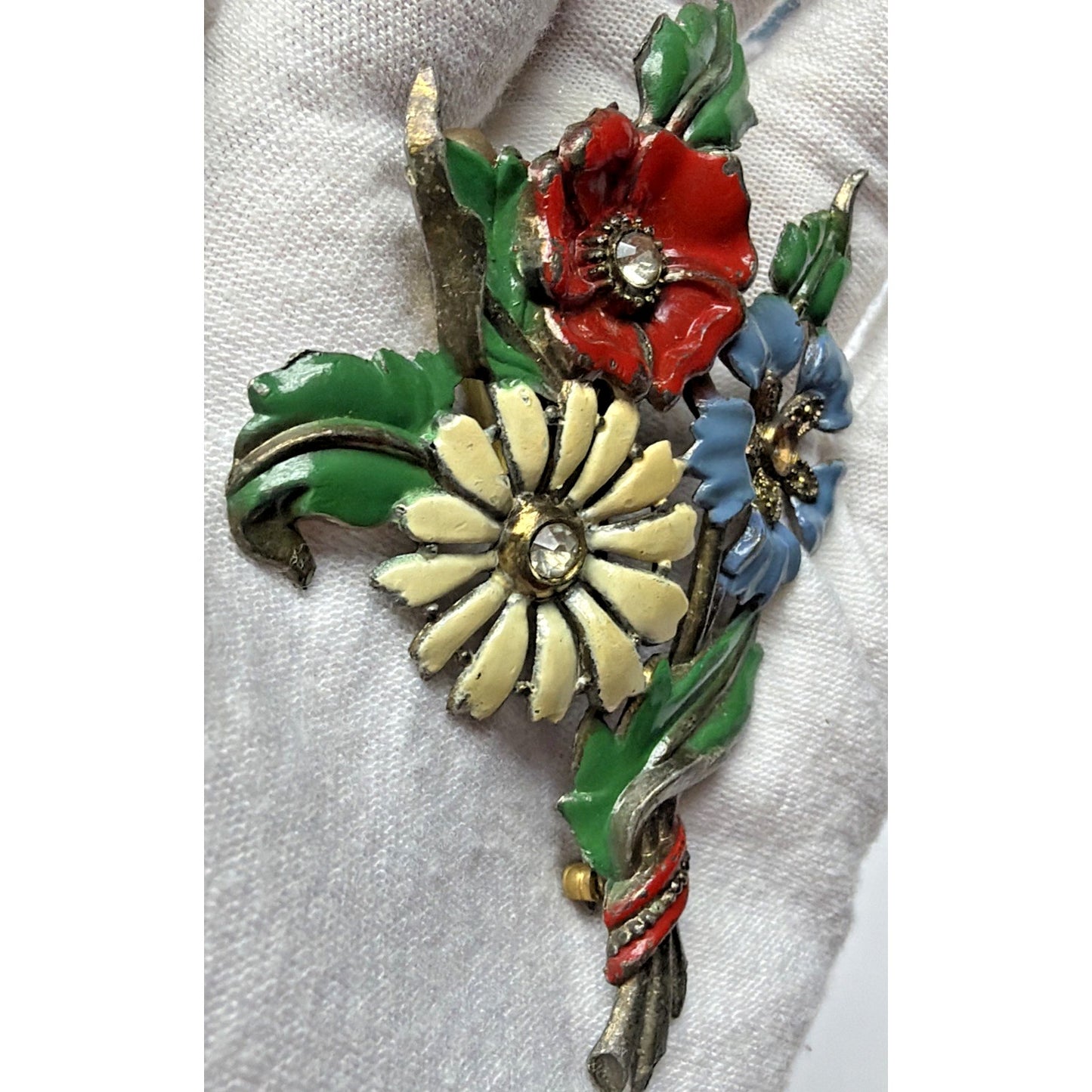 Art Deco Enamel Flower Brooch Bouquet Brass Vial Rhinestone Pot Metal As Is