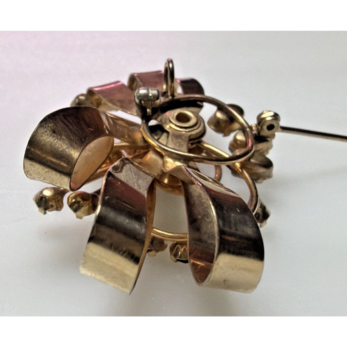Vintage 1/20 10k Gold Filled Floral Spray Ribbon Pendant Brooch Aqua Rhinestone