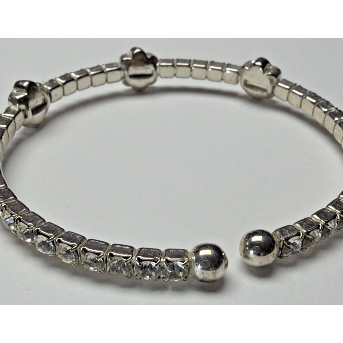 Vintage Clear Rhinestone Silver Cuff Bracelet Flower Clover